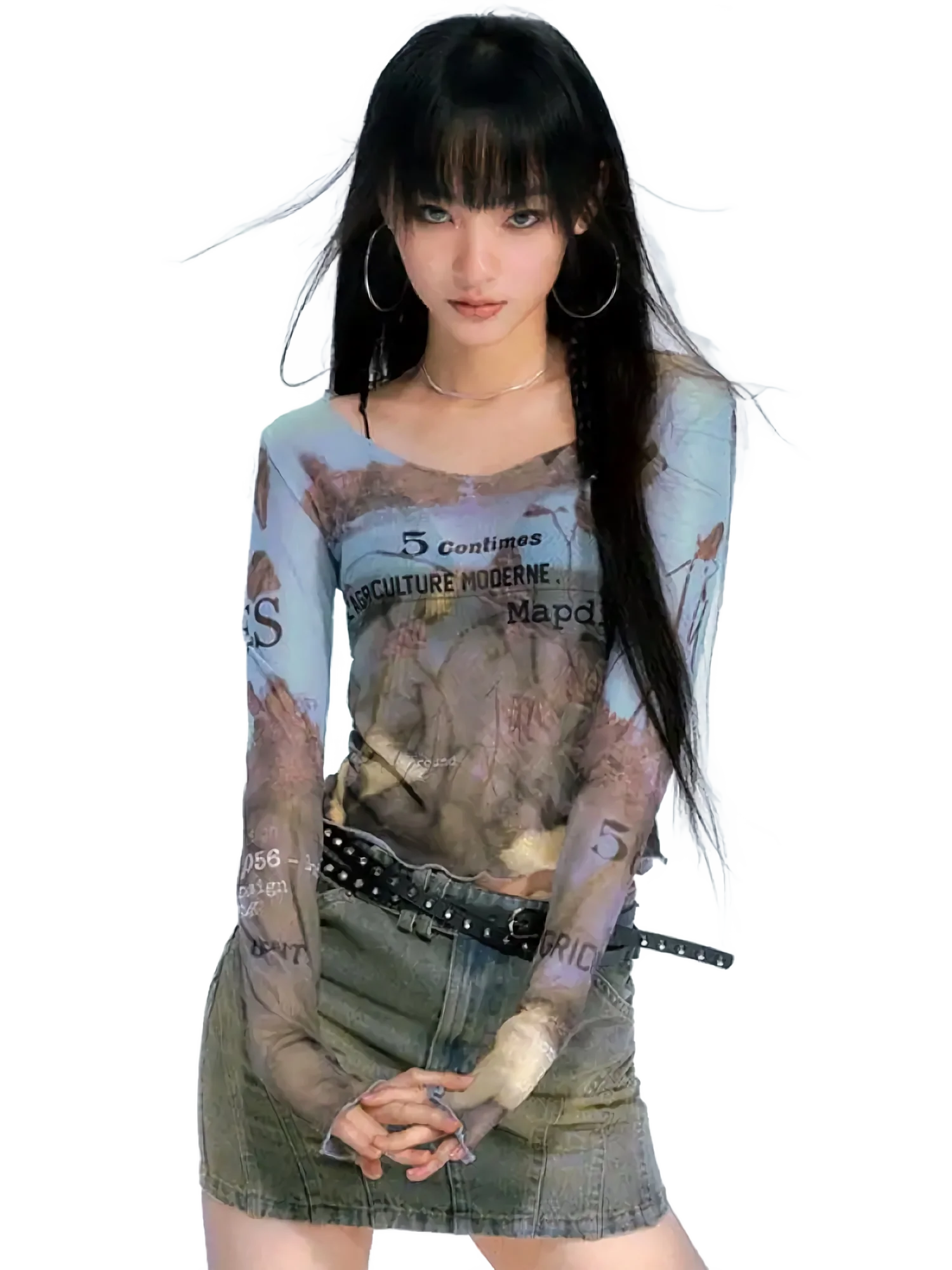 Abstract Print Chic Mesh Long Sleeve Tee