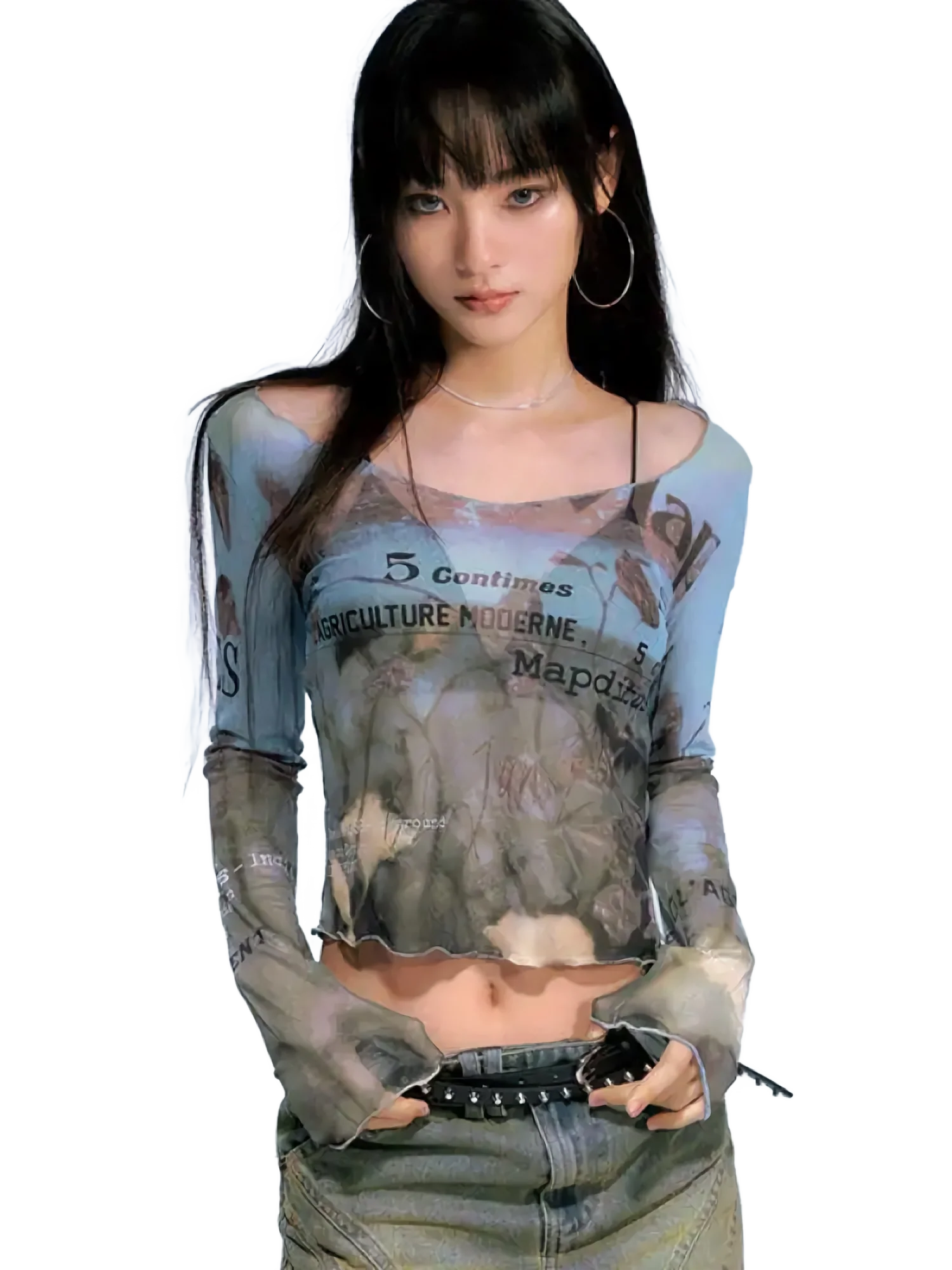 Abstract Print Chic Mesh Long Sleeve Tee - Image 2