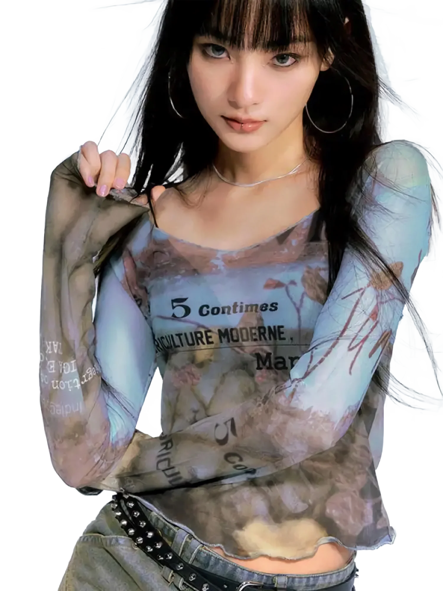 Abstract Print Chic Mesh Long Sleeve Tee - Image 4