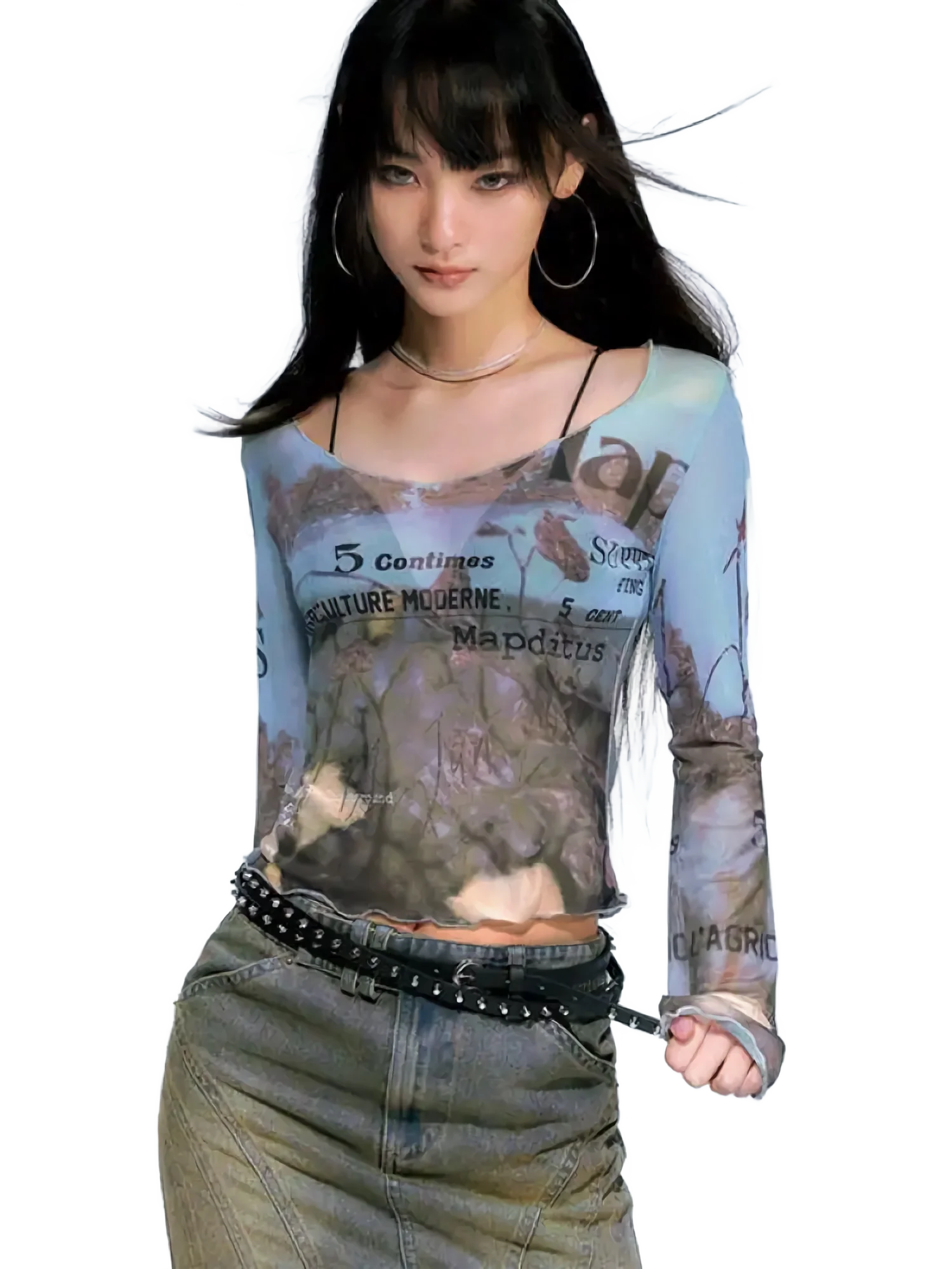 Abstract Print Chic Mesh Long Sleeve Tee - Image 5