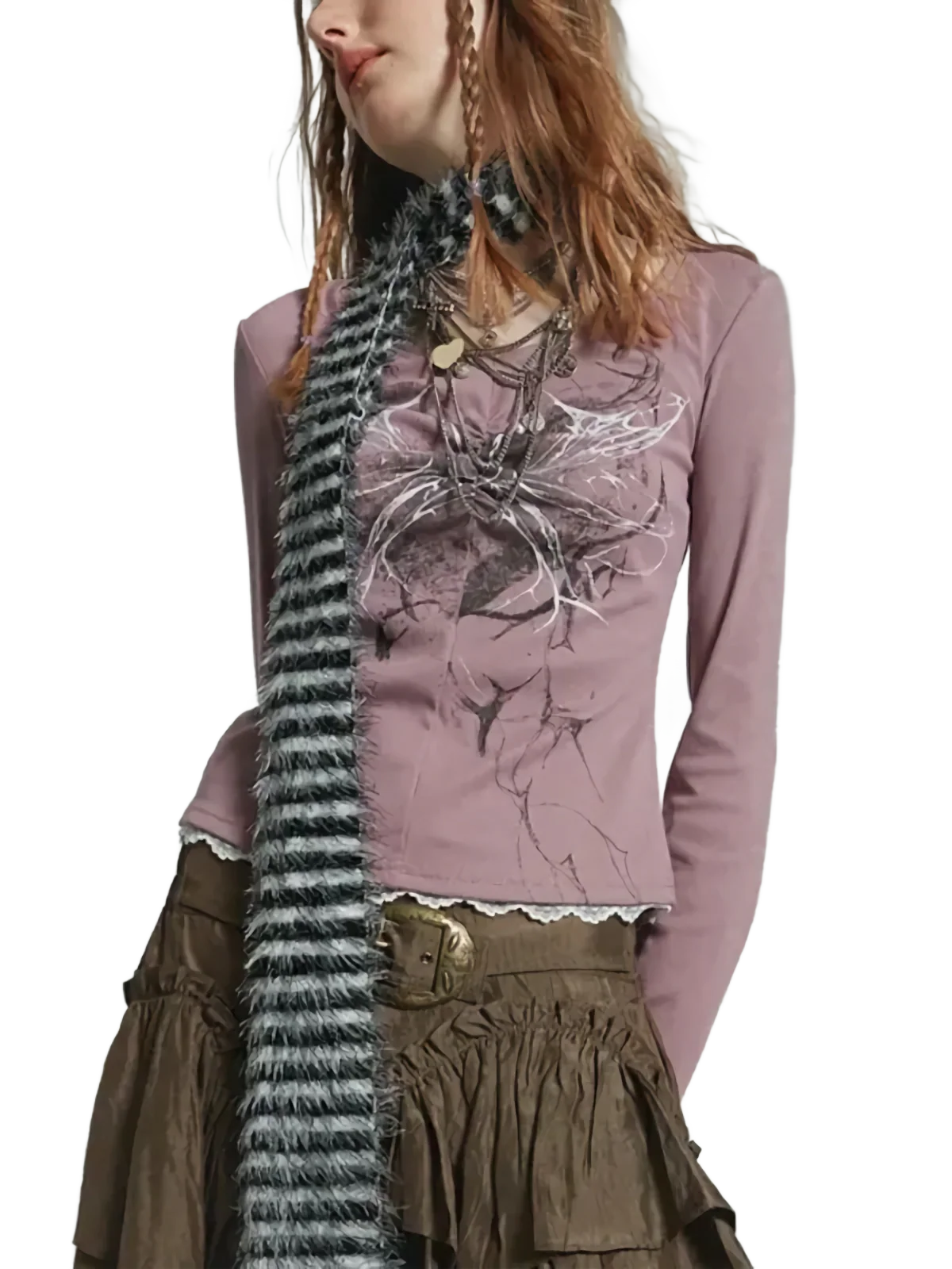 Abstract Print Lace Accent Long Sleeve Cotton Tee
