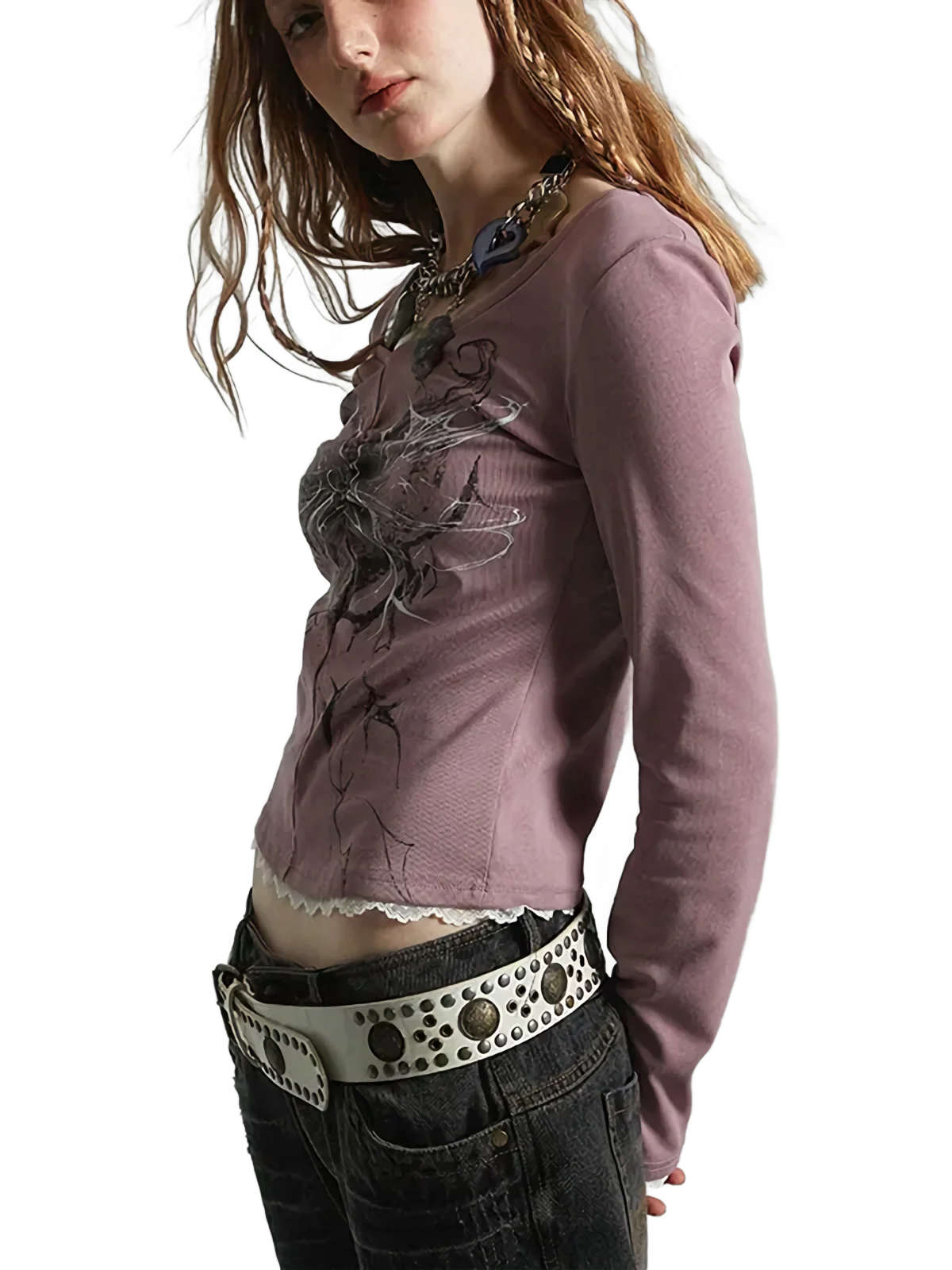 Abstract Print Lace Accent Long Sleeve Cotton Tee - Image 2