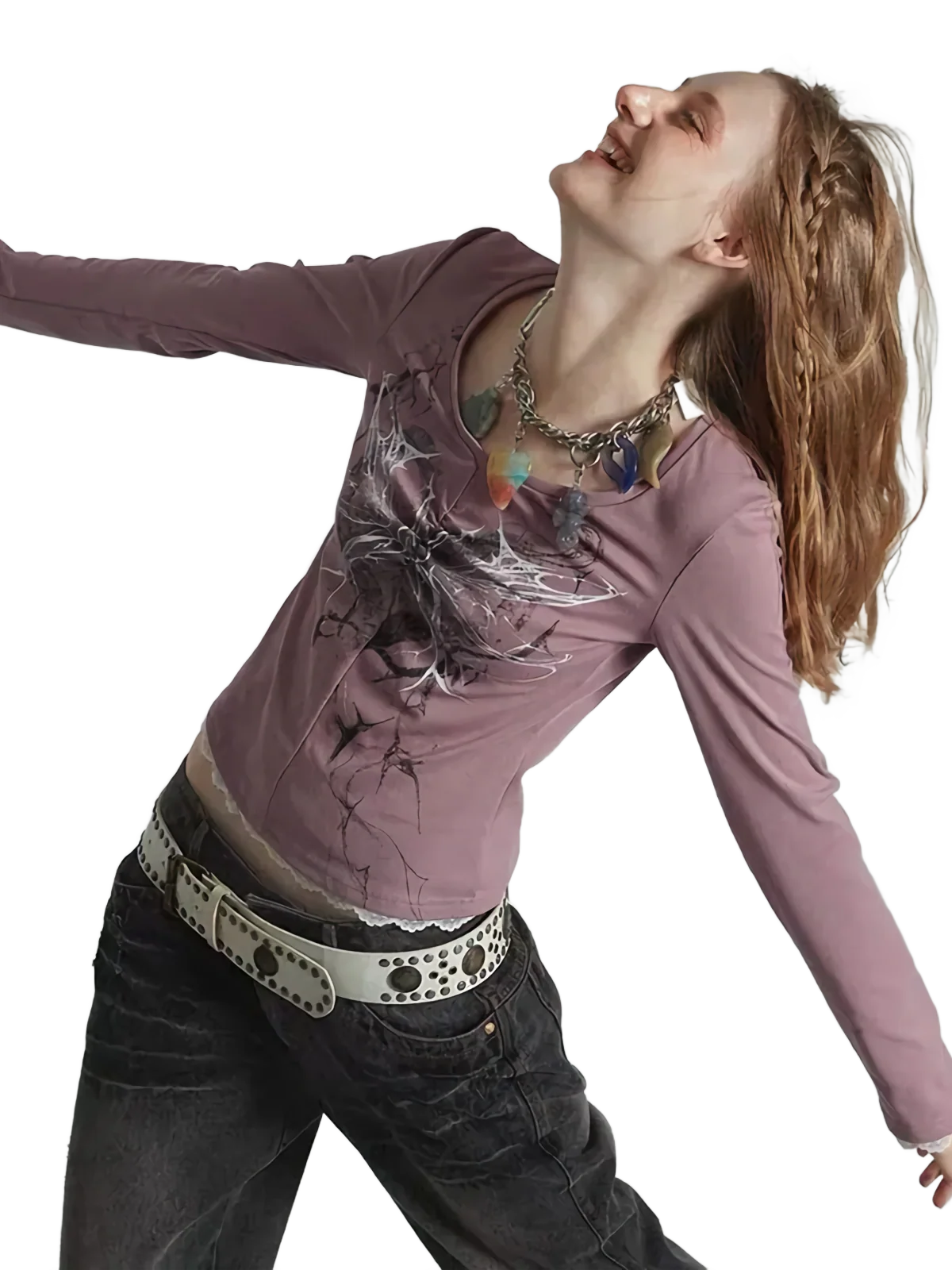 Abstract Print Lace Accent Long Sleeve Cotton Tee - Image 3