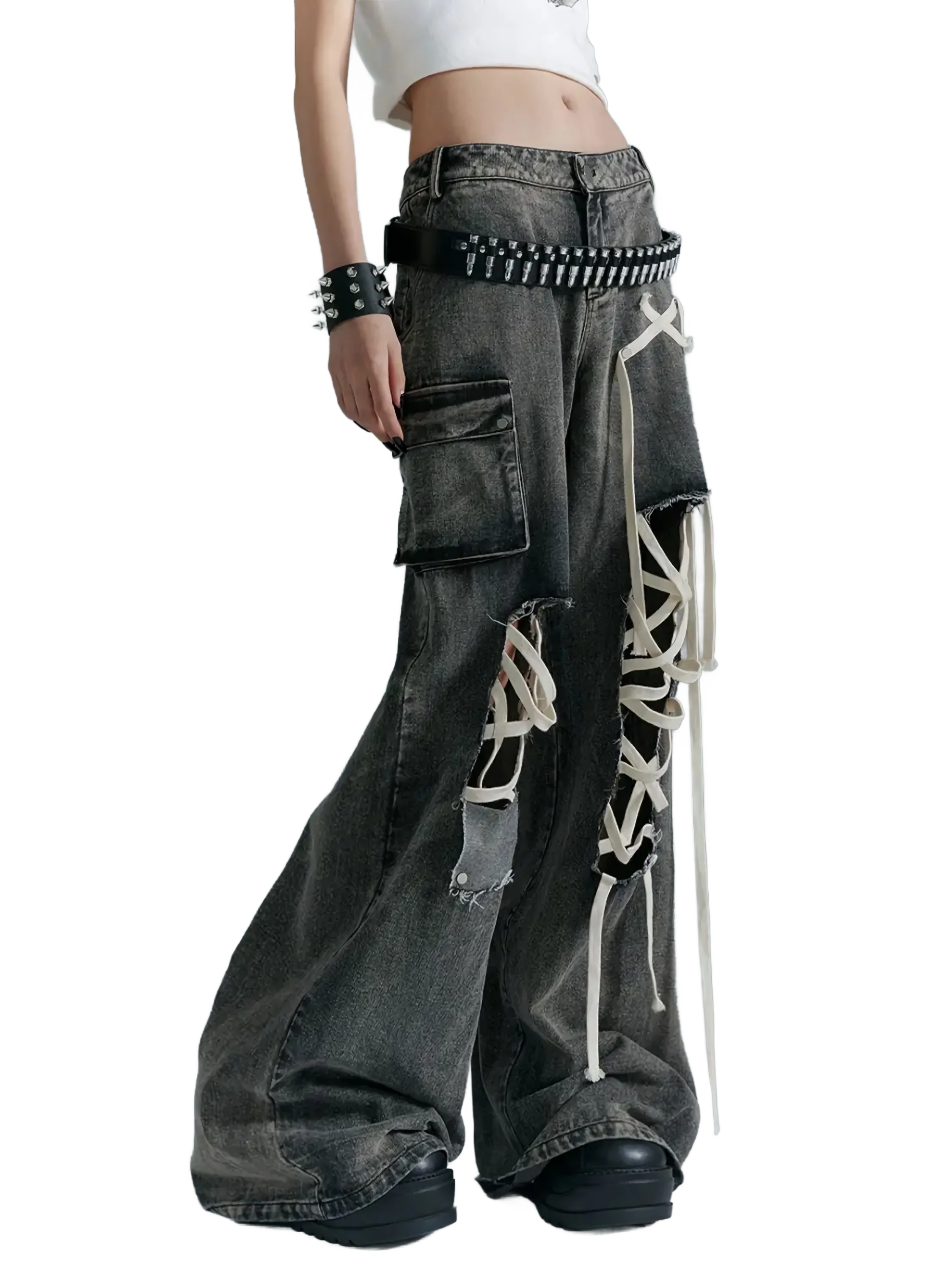 'Anarchy' Distressed Wide-Leg Denim Jeans