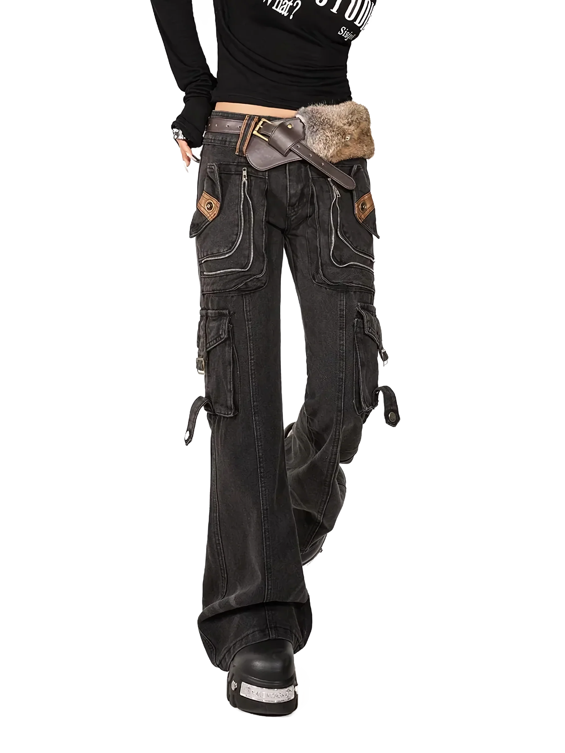 'Armored' Black Denim Cargo Jeans