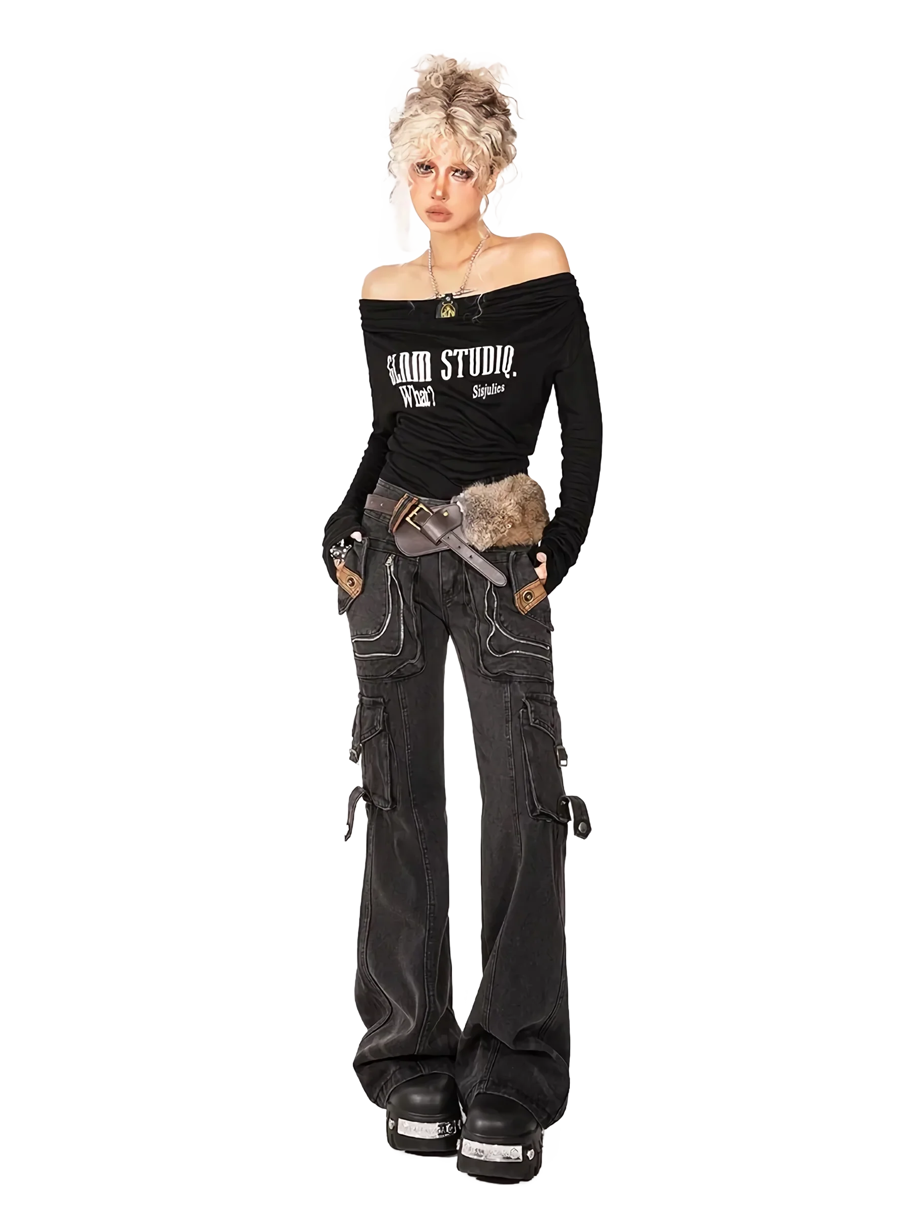 'Armored' Black Denim Cargo Jeans - Image 4