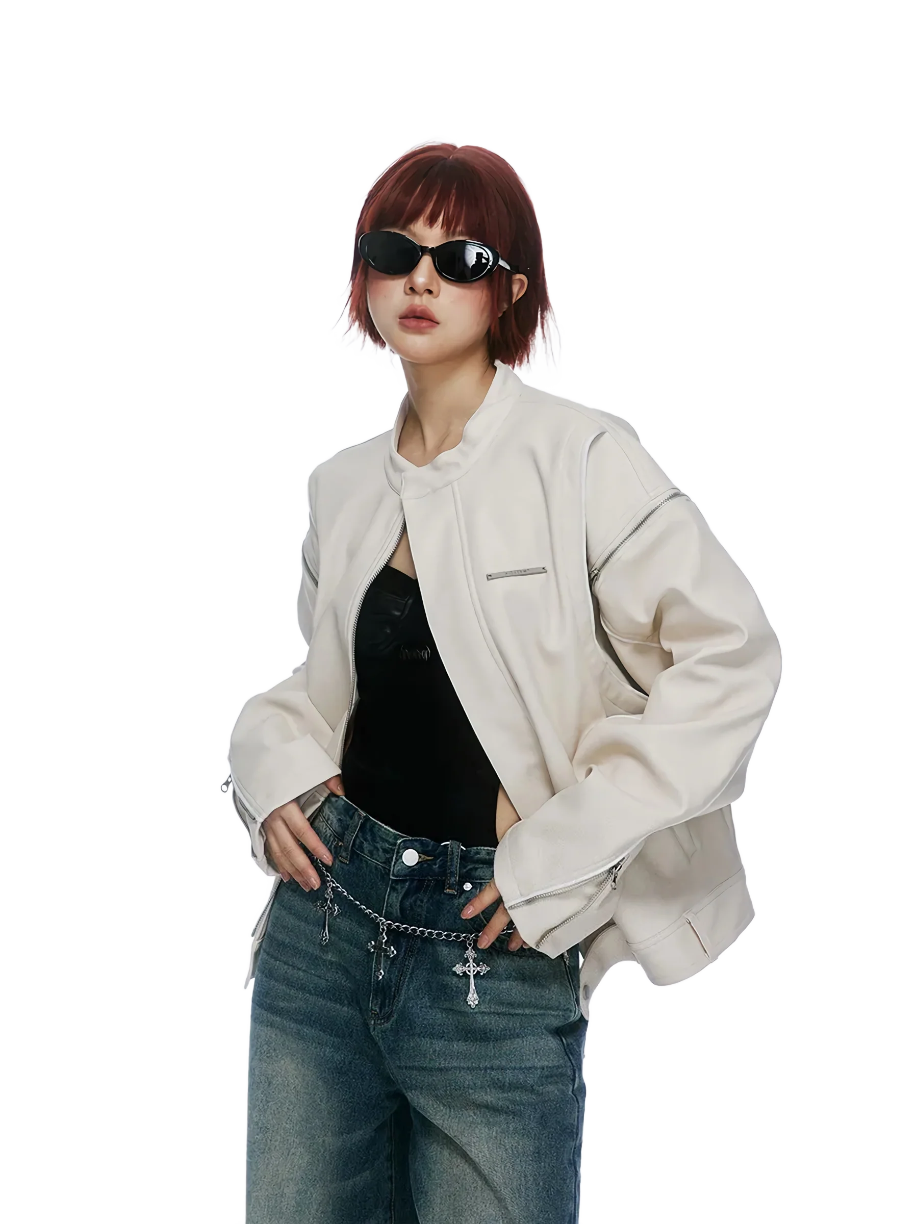'Authorized' Zip Shoulder Leather Jacket - Image 3