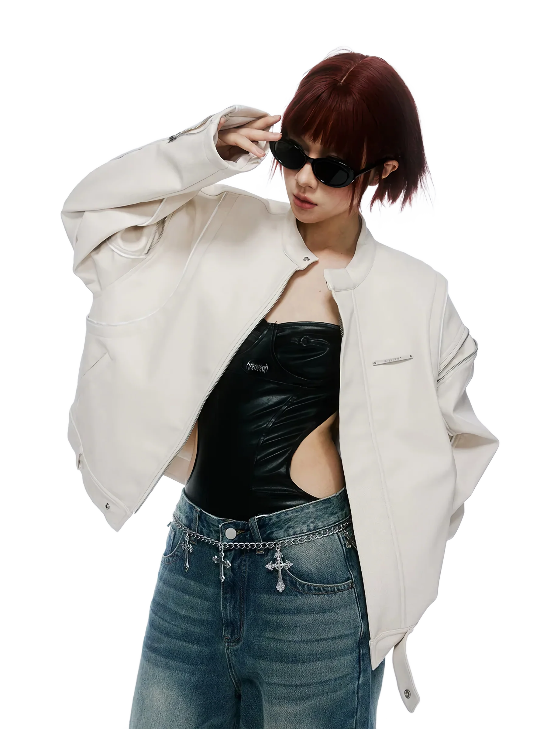 'Authorized' Zip Shoulder Leather Jacket - Image 4