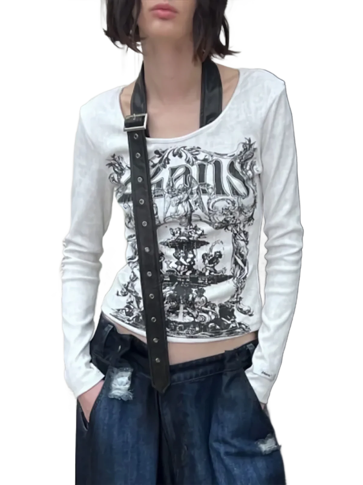 Belt Strap Long Sleeve Cotton Tee - Image 2