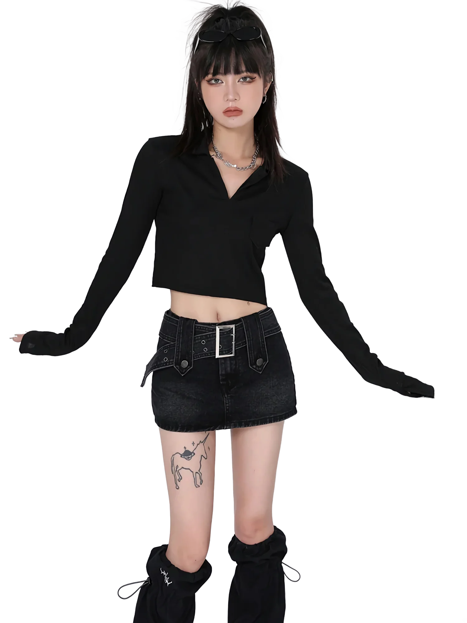 Belted Black Denim Mini Skirt