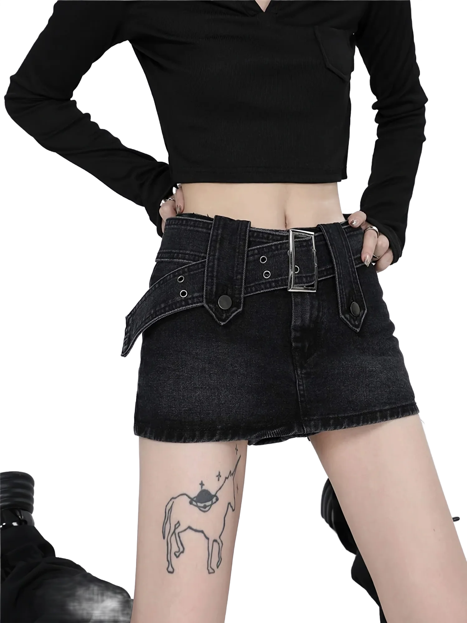 Belted Black Denim Mini Skirt - Image 2