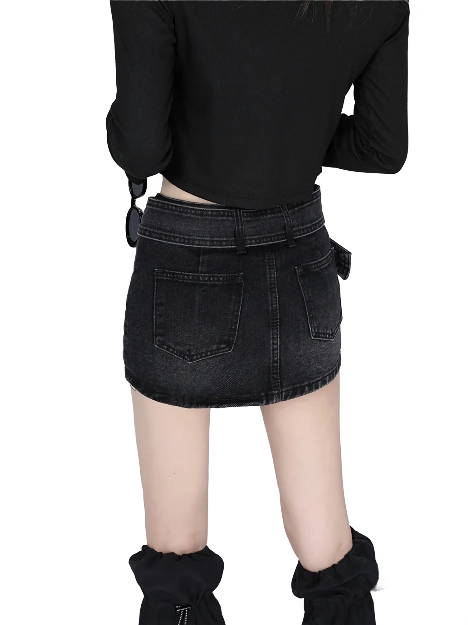 Belted Black Denim Mini Skirt - Image 3