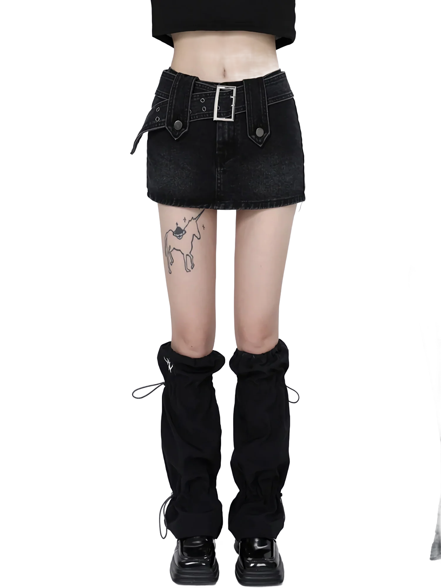 Belted Black Denim Mini Skirt - Image 4