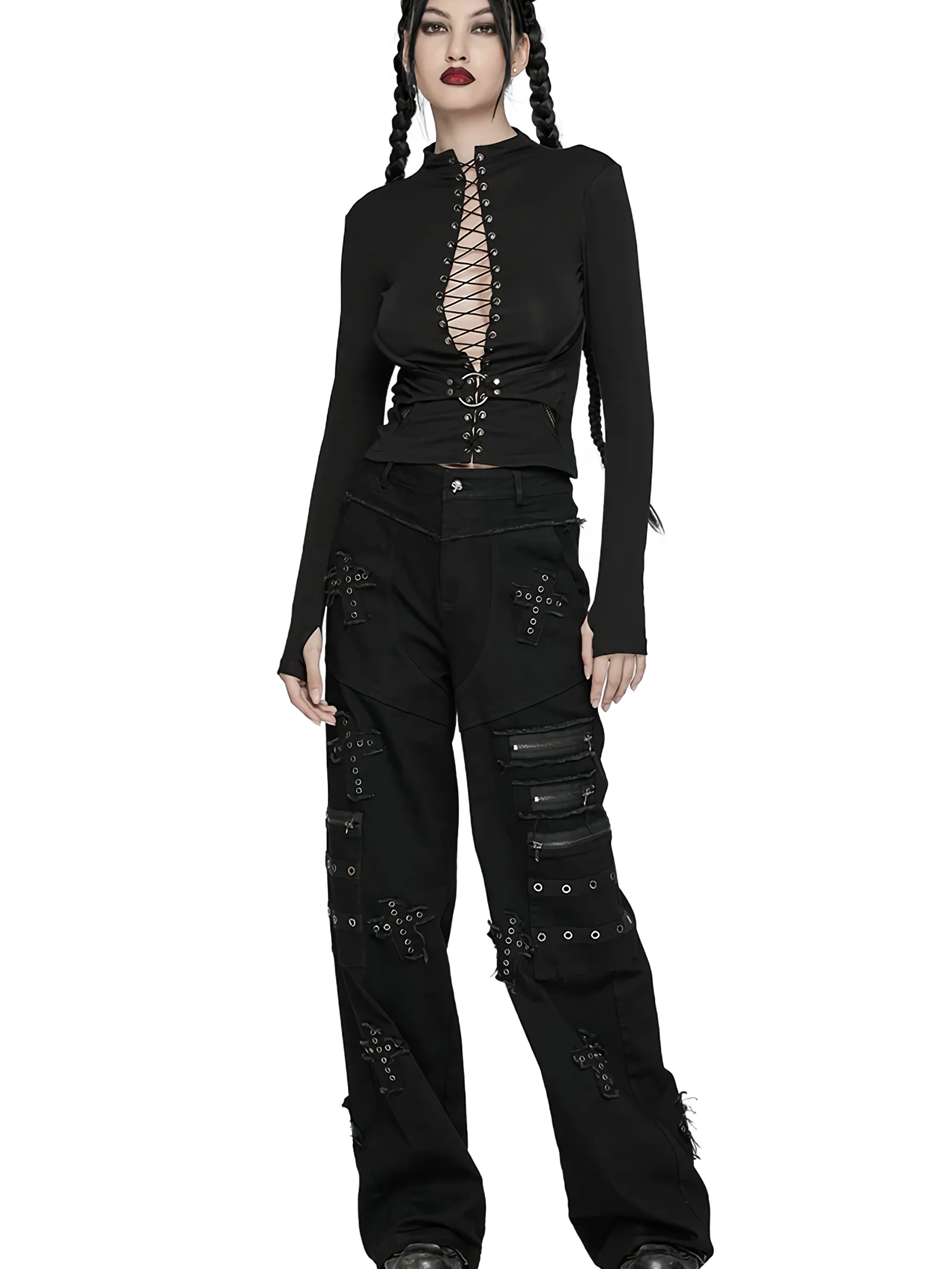 Belted Lace-Up Front Long Sleeve Crop Top - Image 4