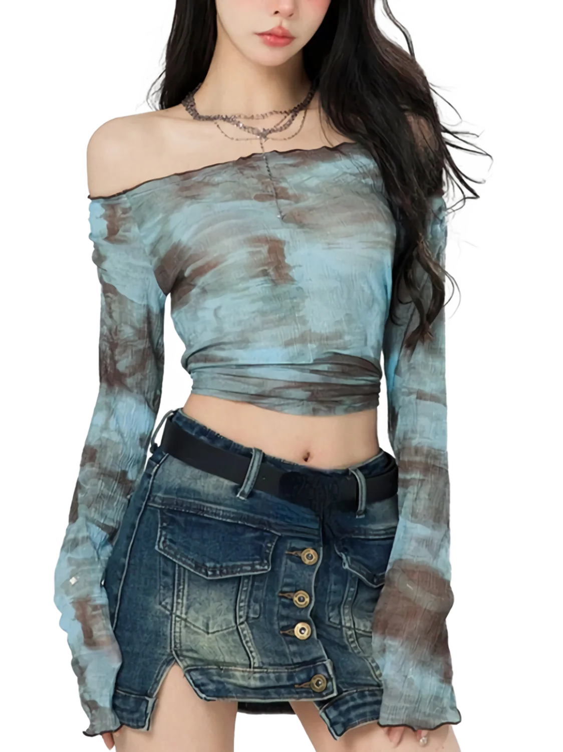 'Blend' Off-Shoulder Long Sleeve Crop Top - Image 3