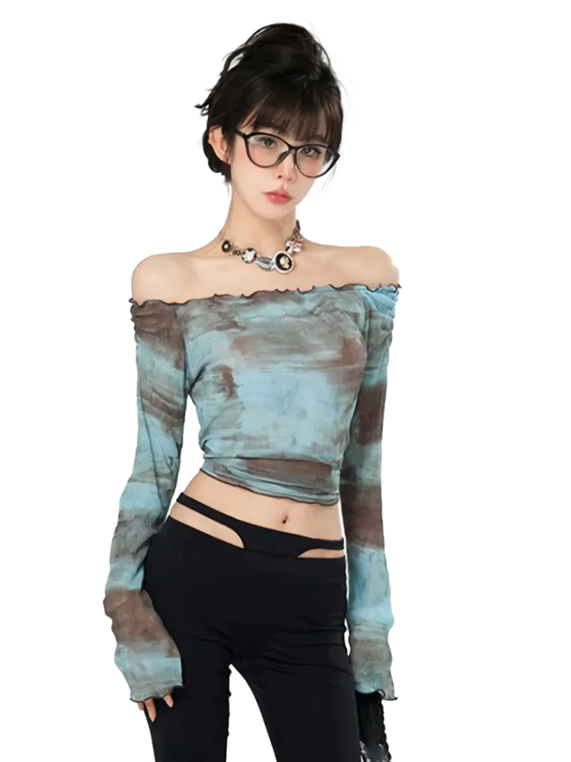 'Blend' Off-Shoulder Long Sleeve Crop Top - Image 4