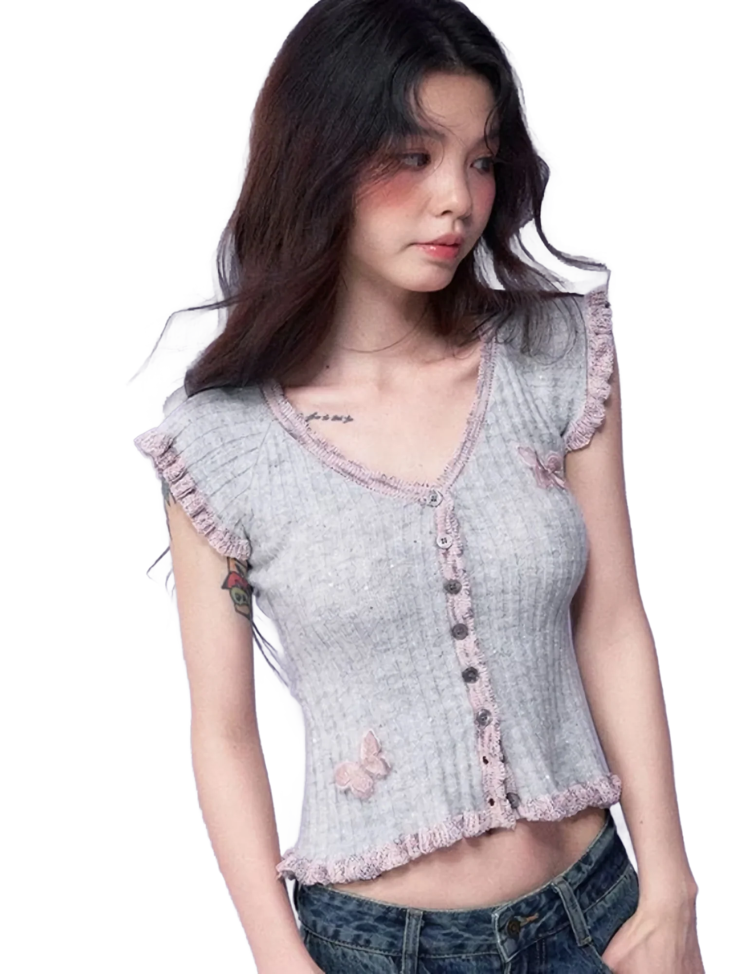 Butterfly Embellished Short Sleeve Knit Blouse - Image 2