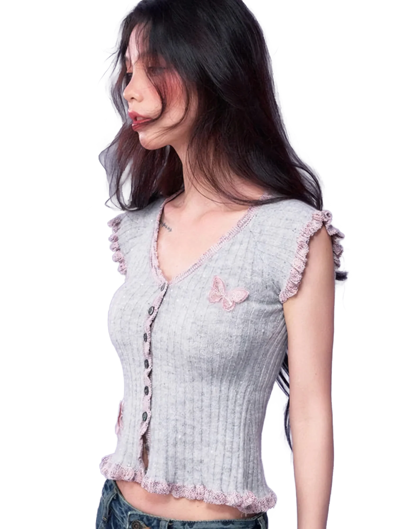 Butterfly Embellished Short Sleeve Knit Blouse - Image 3