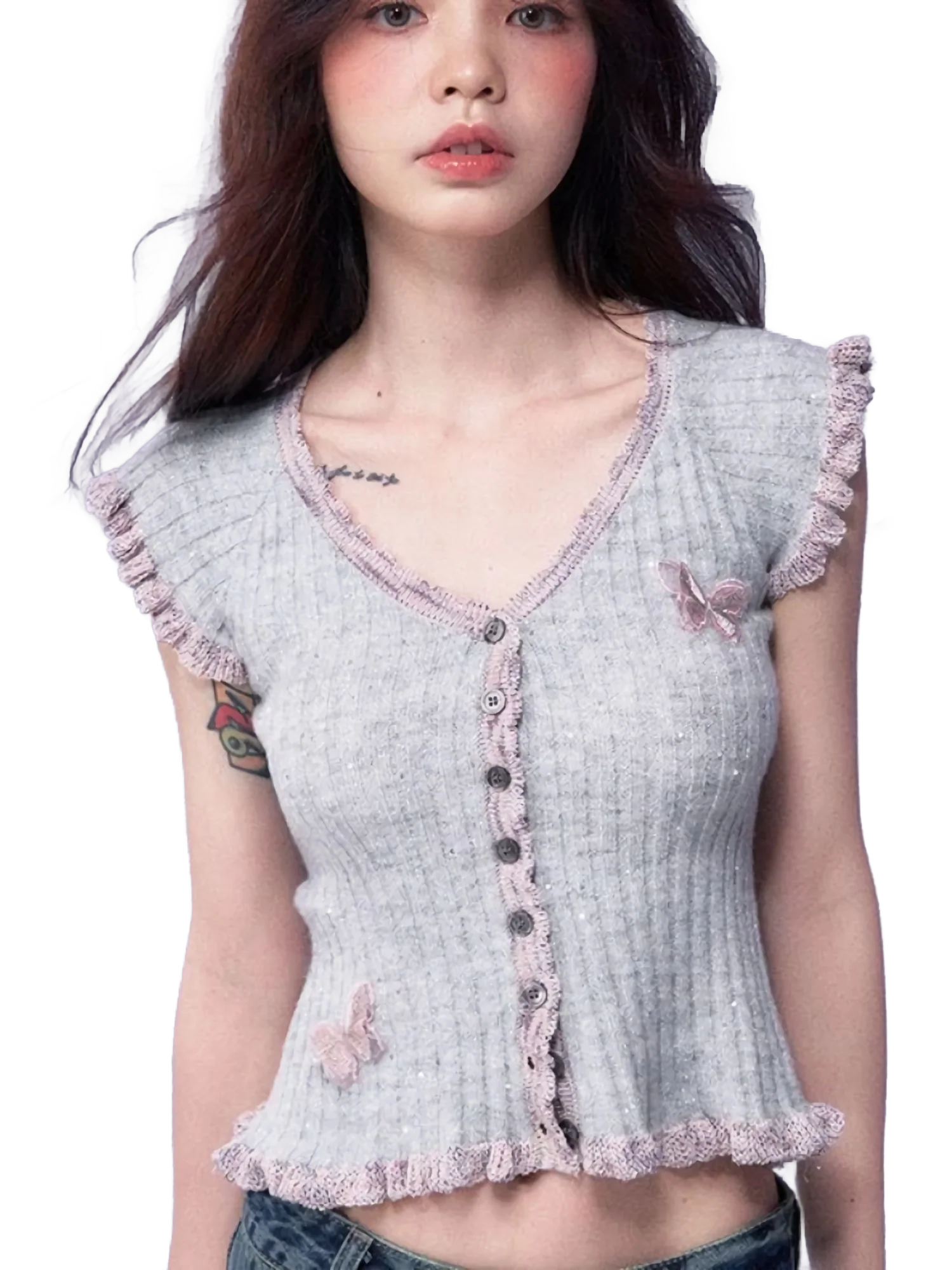 Butterfly Embellished Short Sleeve Knit Blouse - Image 4