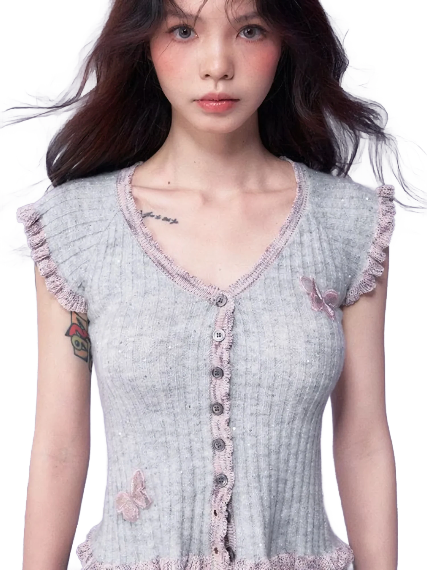 Butterfly Embellished Short Sleeve Knit Blouse - Image 5