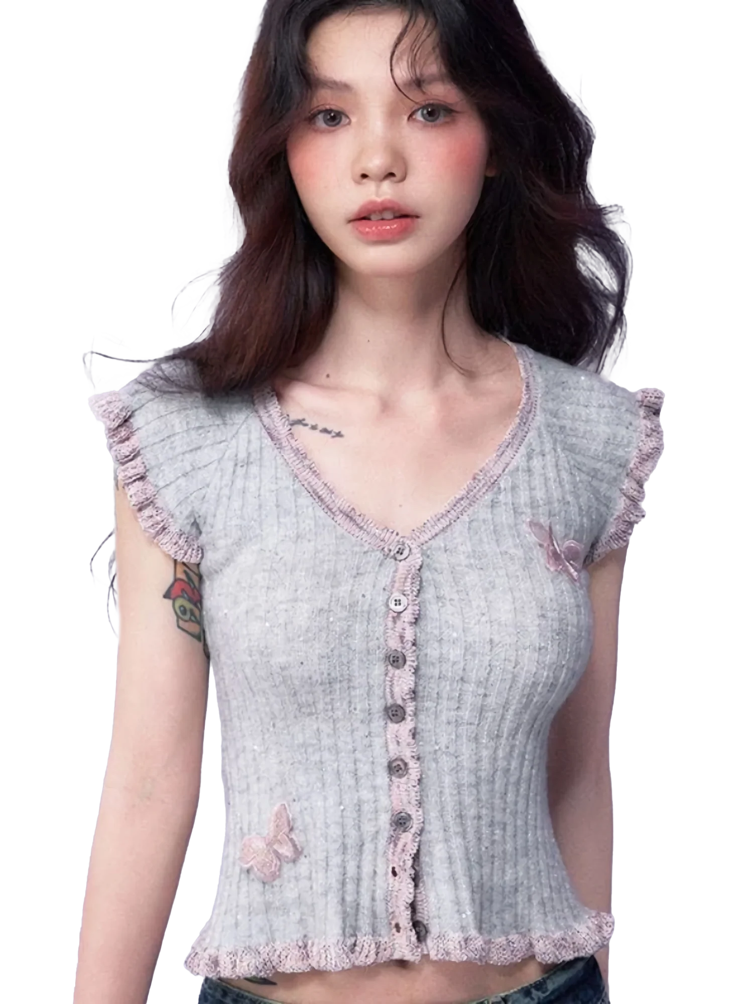 Butterfly Embellished Short Sleeve Knit Blouse - Image 6
