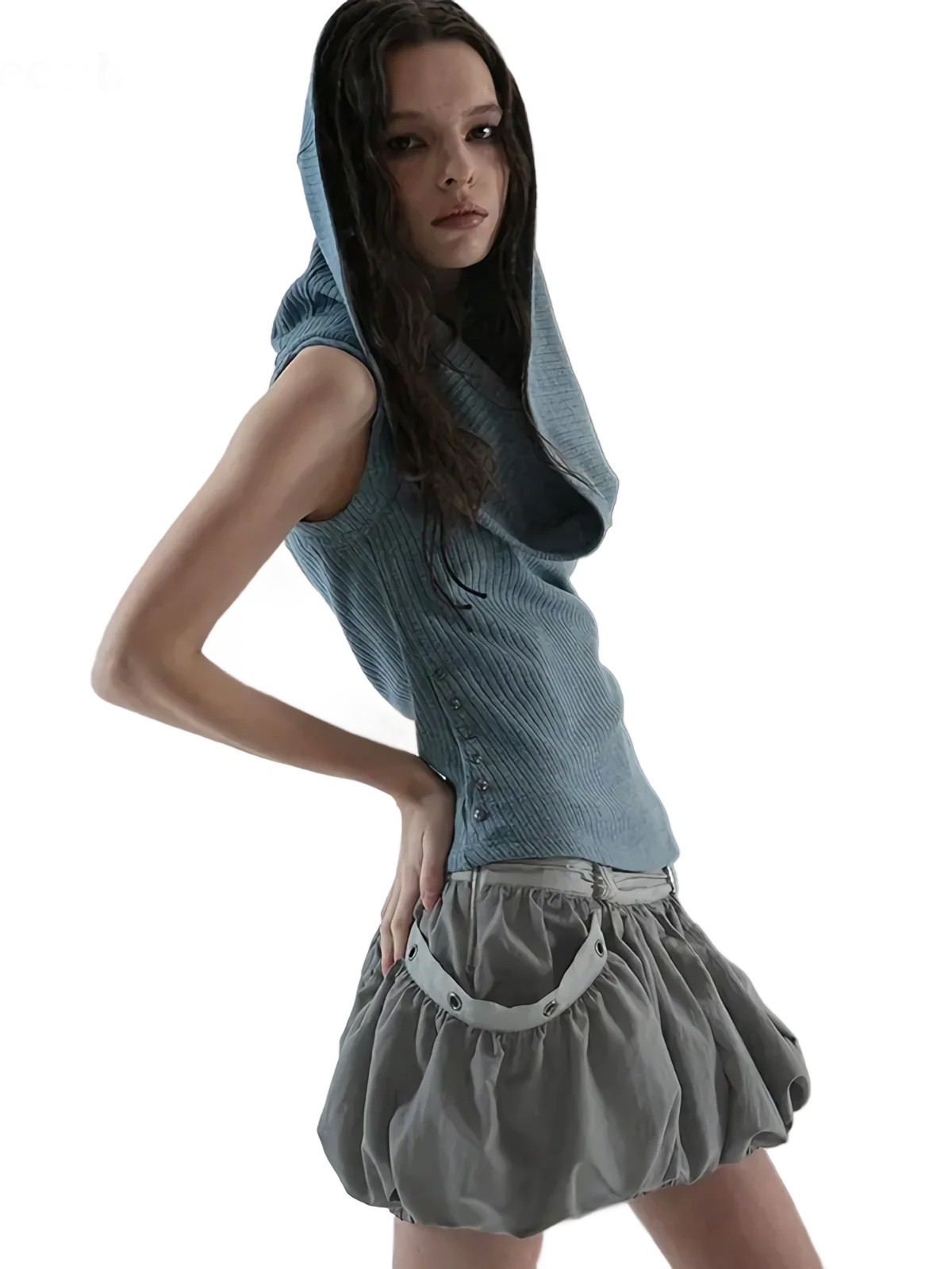 'Cavum' Ribbed Knit Tank Top with Oversized Hood - Image 3