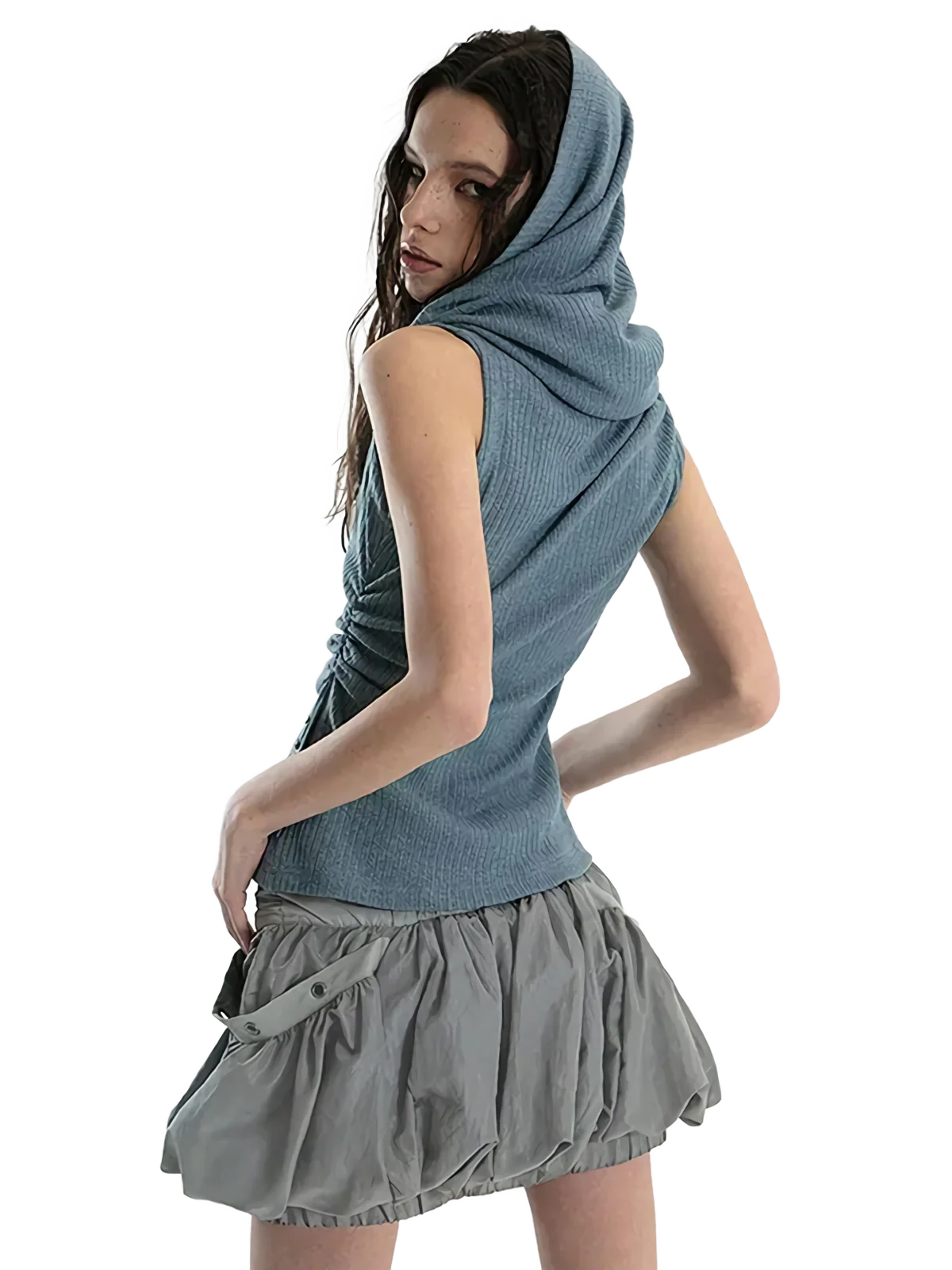 'Cavum' Ribbed Knit Tank Top with Oversized Hood - Image 4