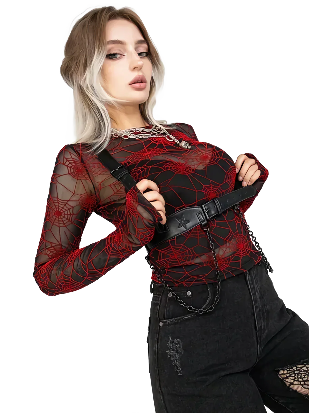 Crimson Web Sheer Mesh Long Sleeve Top - Image 2