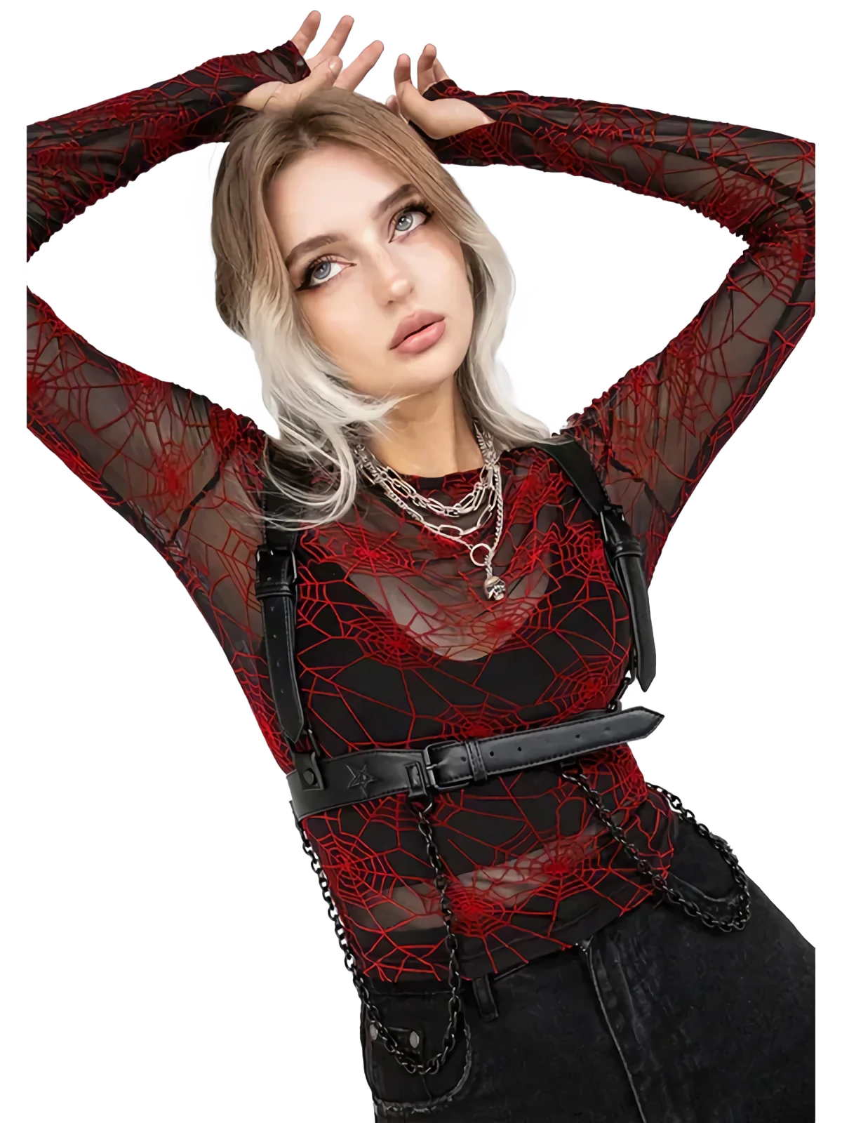 Crimson Web Sheer Mesh Long Sleeve Top - Image 3