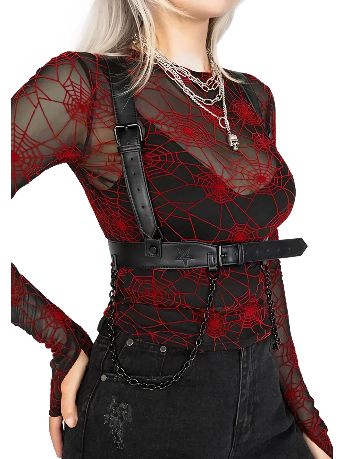 Crimson Web Sheer Mesh Long Sleeve Top - Image 4