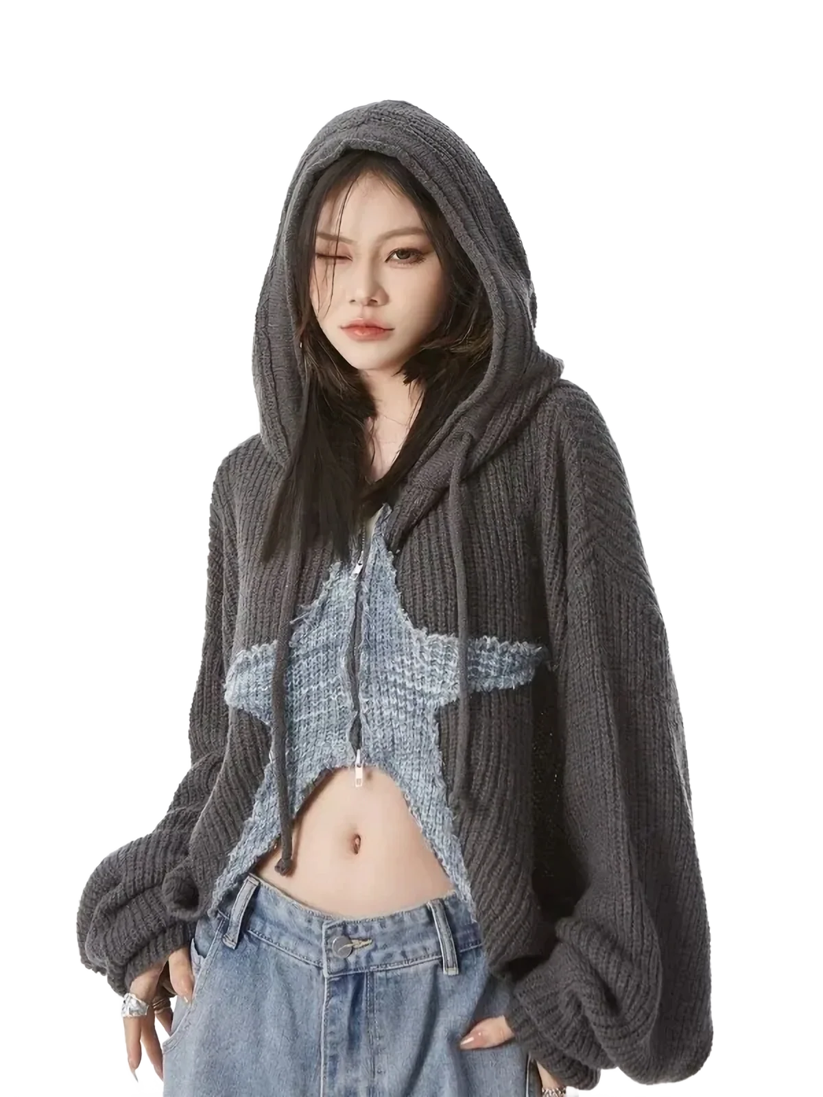 Cropped Charcoal Knit Hoodie with Star Motif