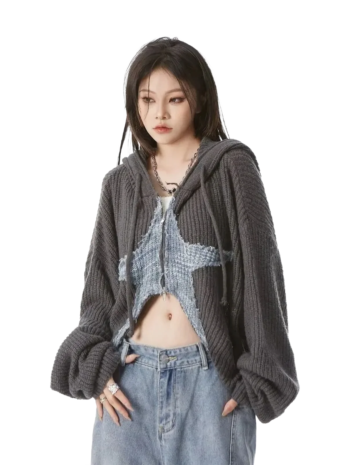 Cropped Charcoal Knit Hoodie with Star Motif - Image 2