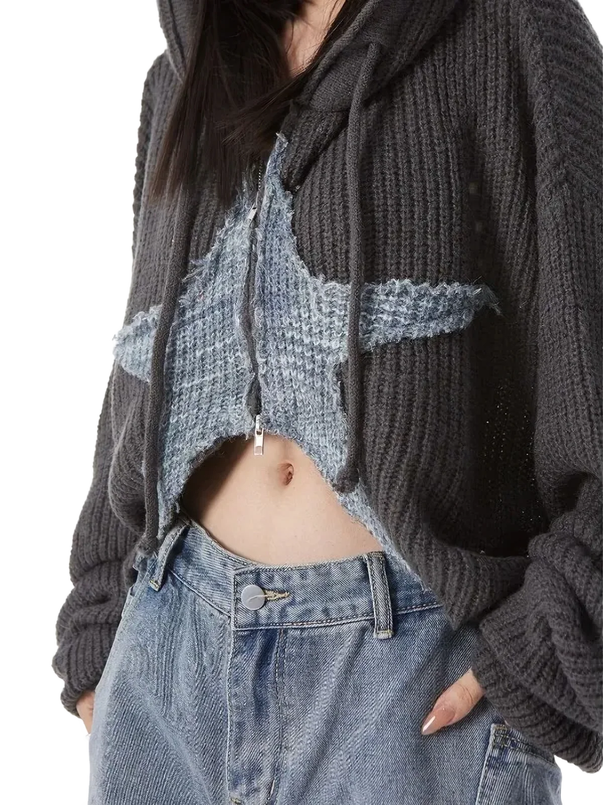 Cropped Charcoal Knit Hoodie with Star Motif - Image 3