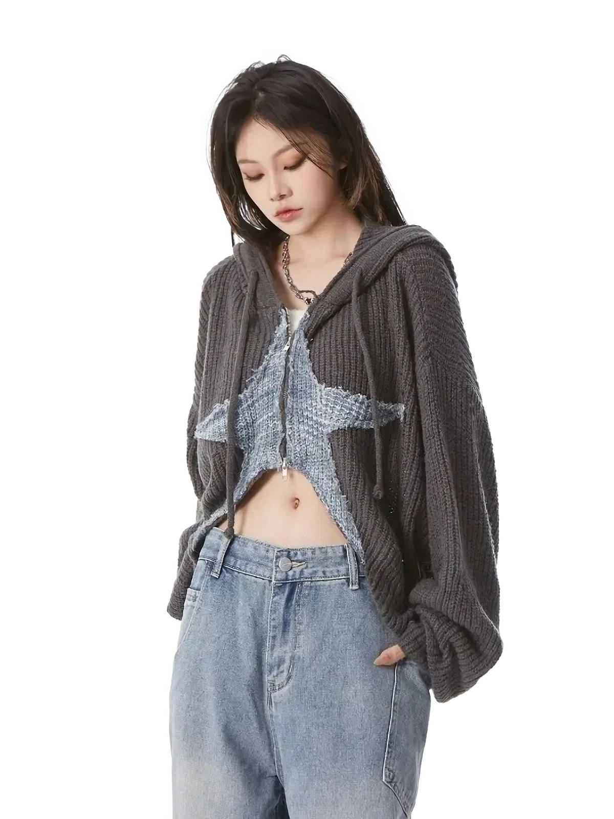 Cropped Charcoal Knit Hoodie with Star Motif - Image 4