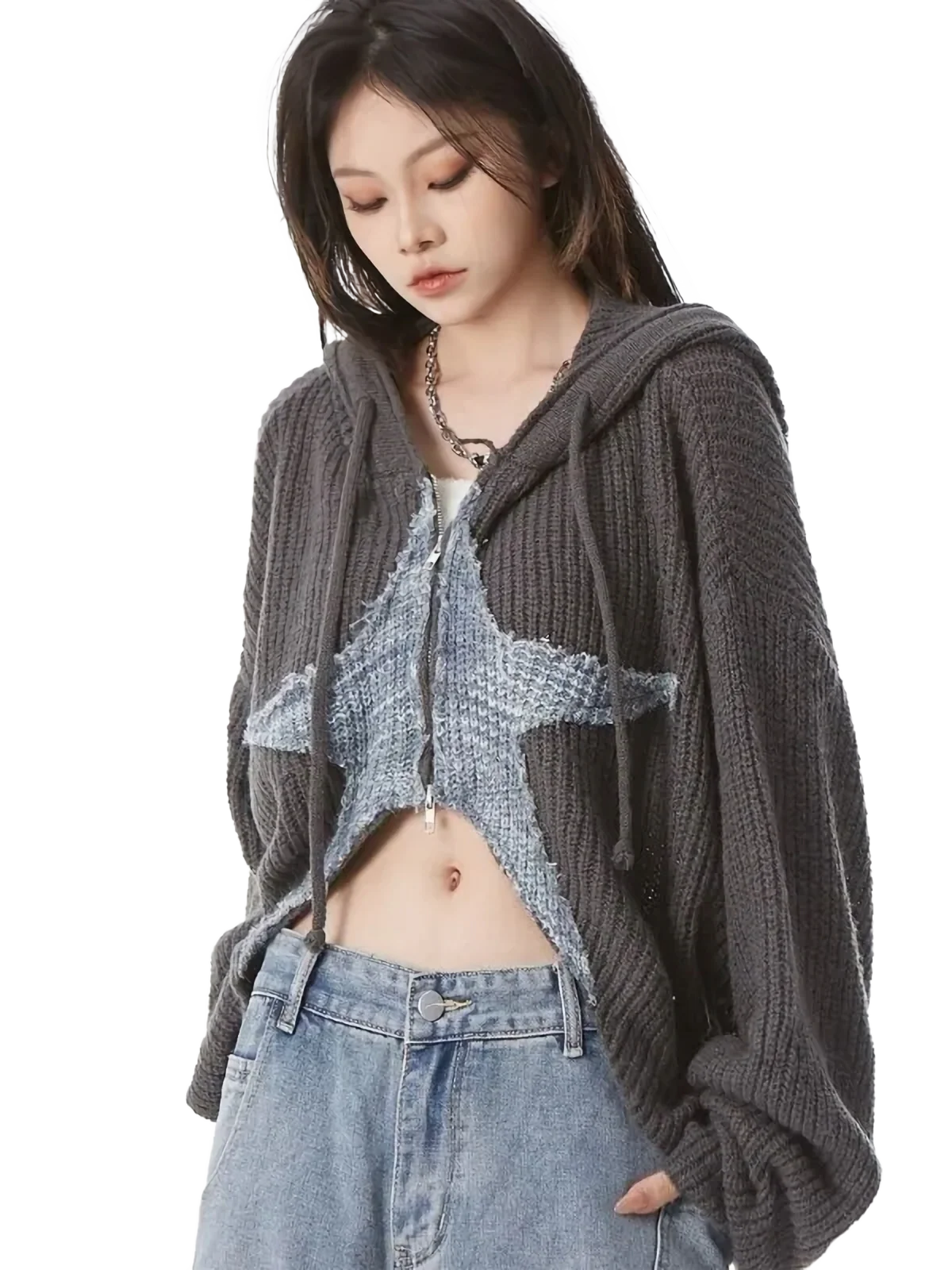 Cropped Charcoal Knit Hoodie with Star Motif - Image 5
