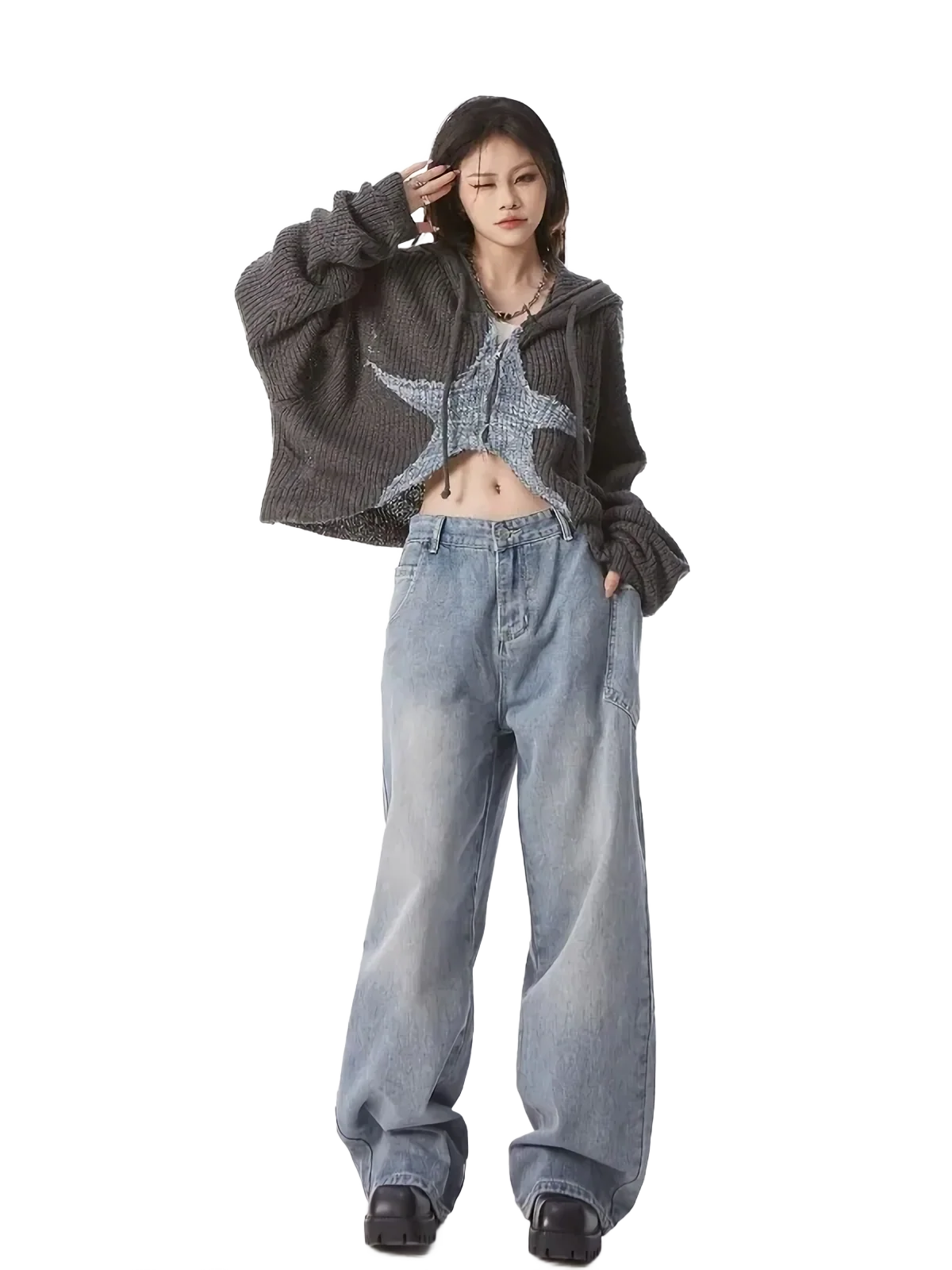 Cropped Charcoal Knit Hoodie with Star Motif - Image 6