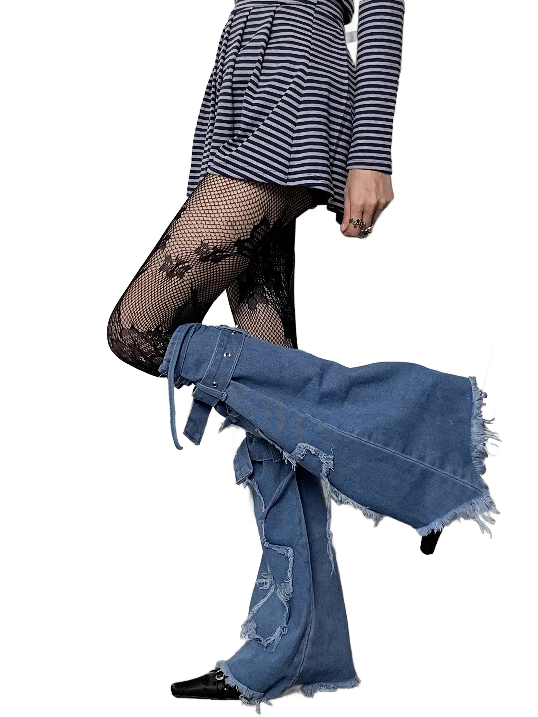 Cross Stitch Distressed Blue Denim Leg Warmers - Image 2