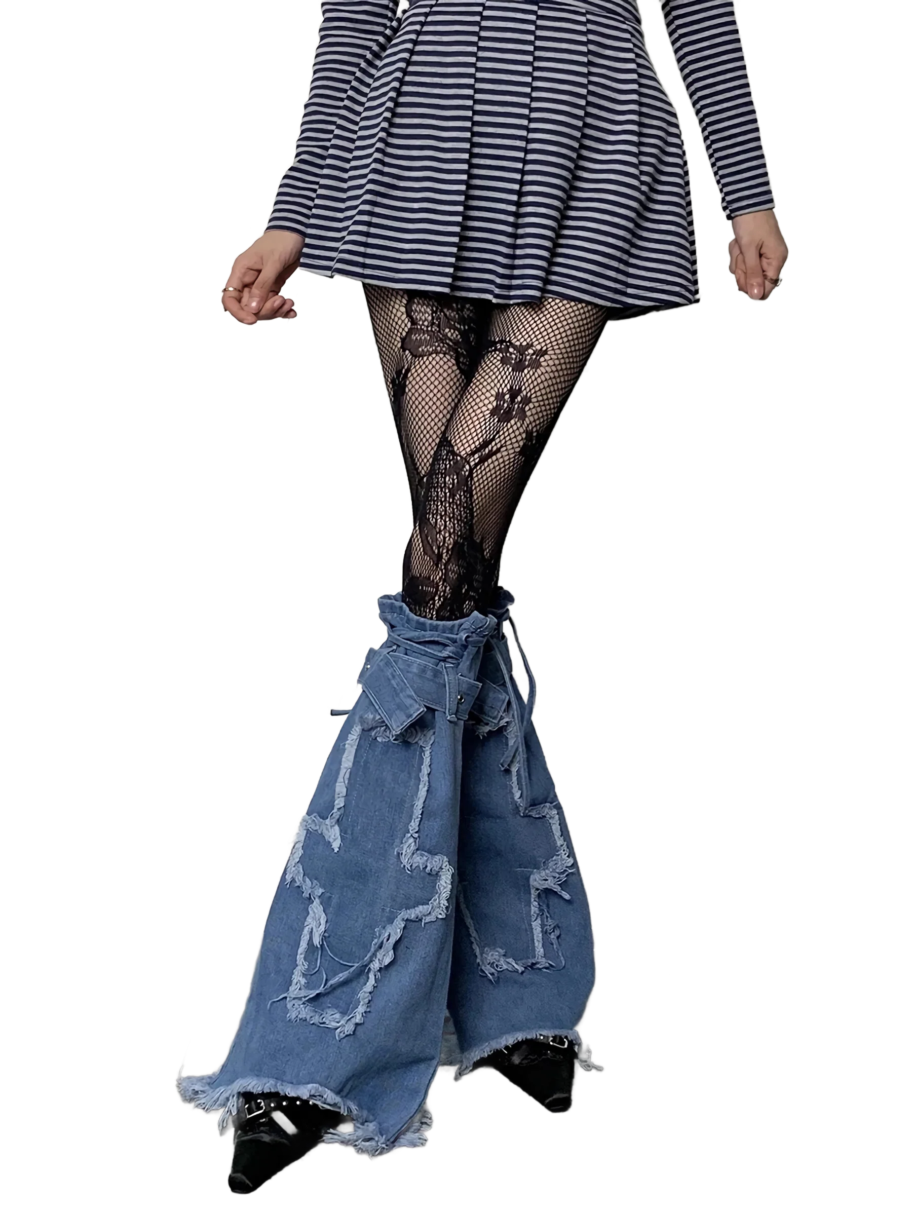 Cross Stitch Distressed Blue Denim Leg Warmers - Image 3