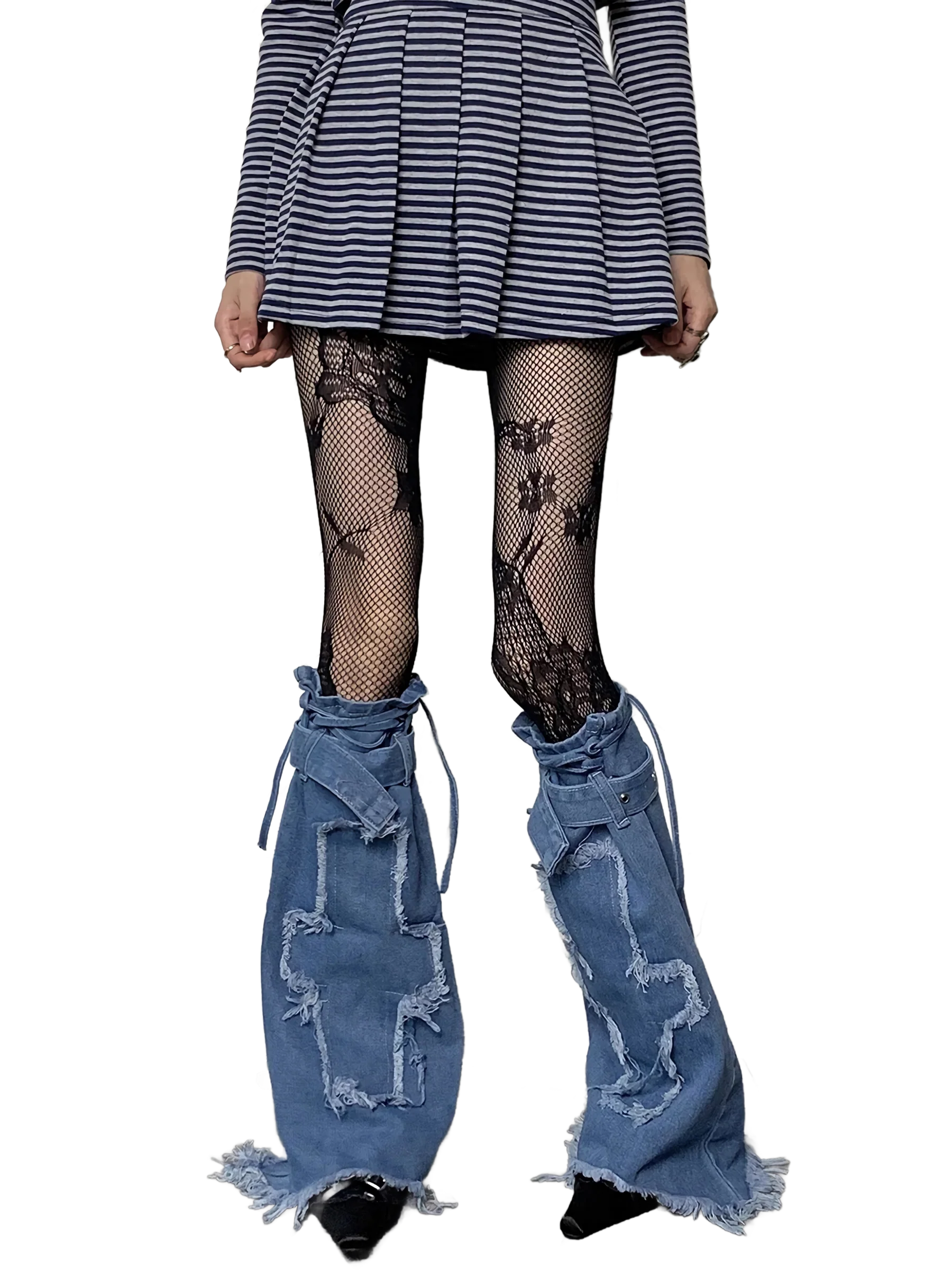 Cross Stitch Distressed Blue Denim Leg Warmers - Image 4