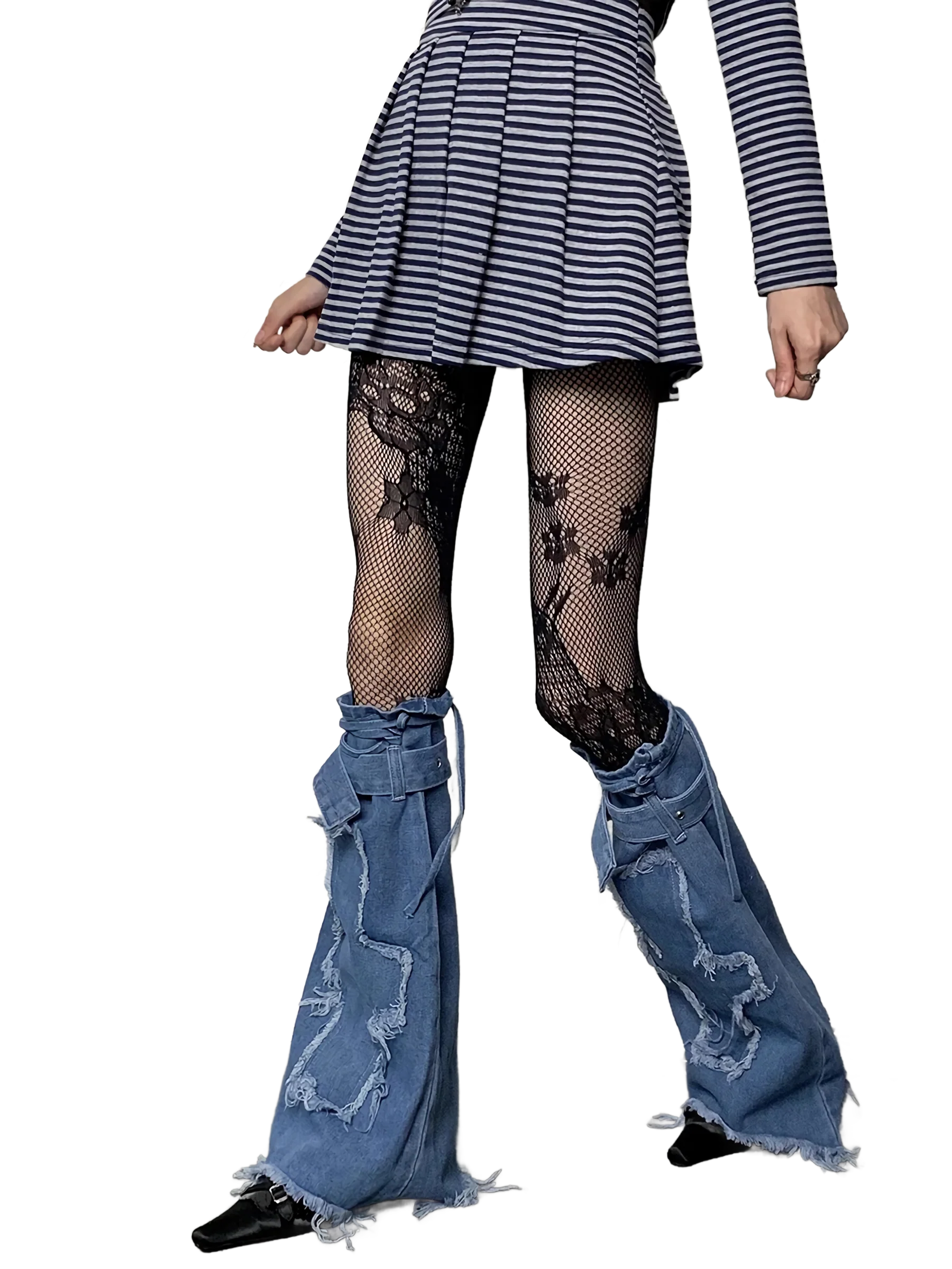 Cross Stitch Distressed Blue Denim Leg Warmers - Image 5