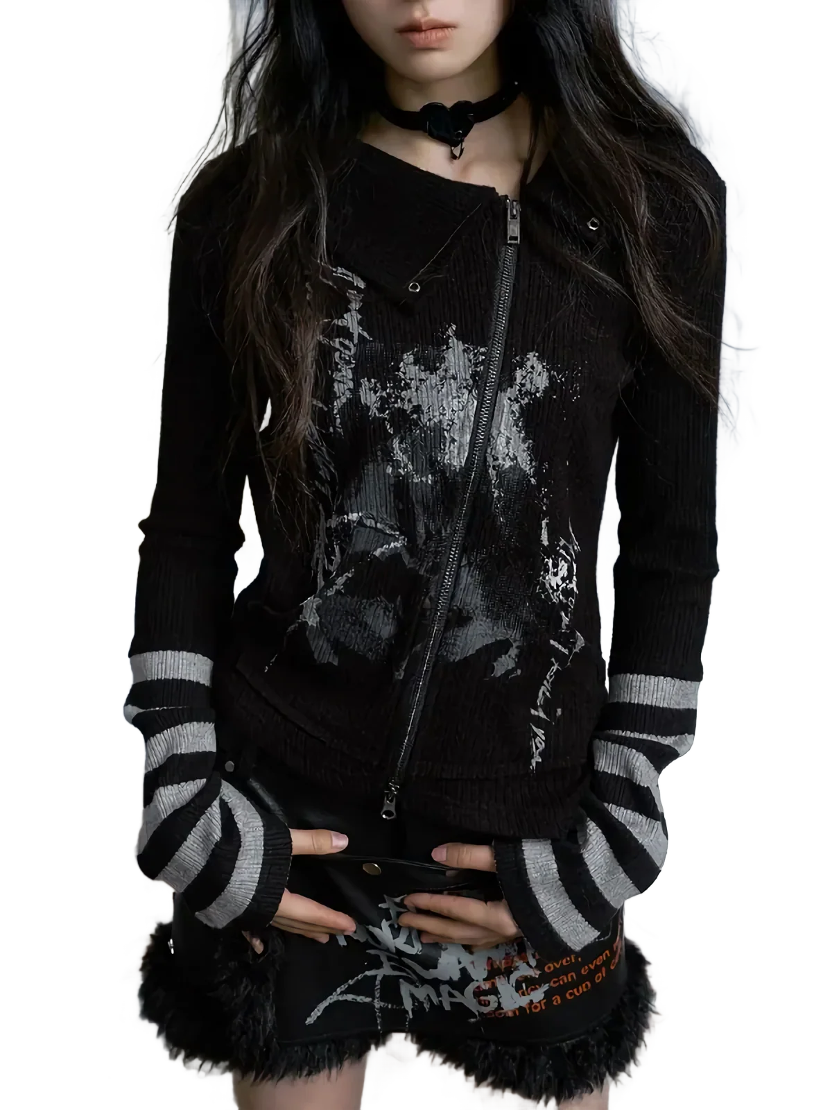 Cross Zip Knit Cardigan with Gothic Print - Image 4