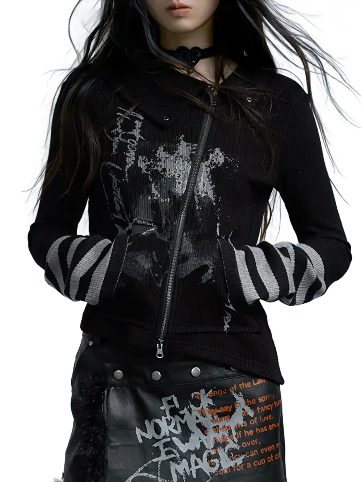 Cross Zip Knit Cardigan with Gothic Print - Image 5