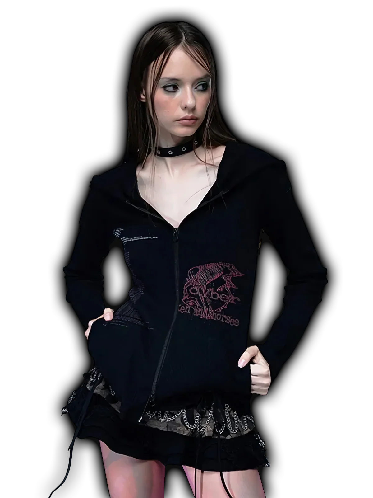 'Cyber' Double-Zip Graphic Print Hoodie