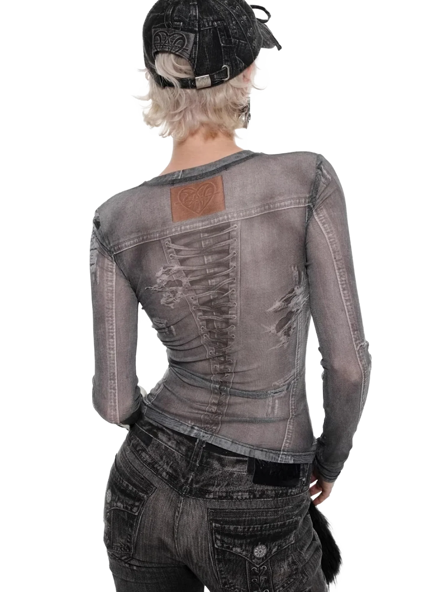 Denim-Print Sheer Mesh Long Sleeve Tee - Image 2