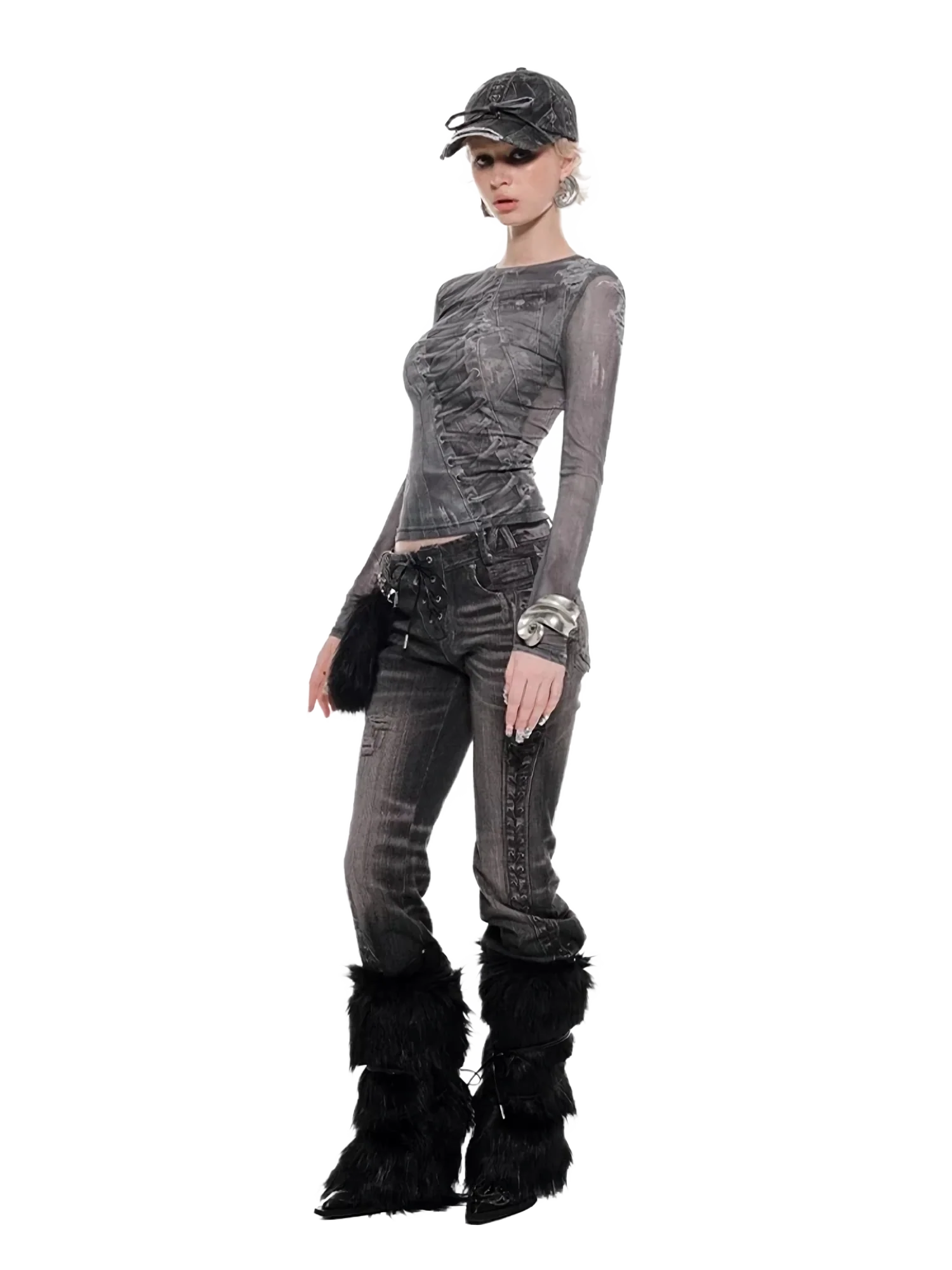 Denim-Print Sheer Mesh Long Sleeve Tee - Image 3
