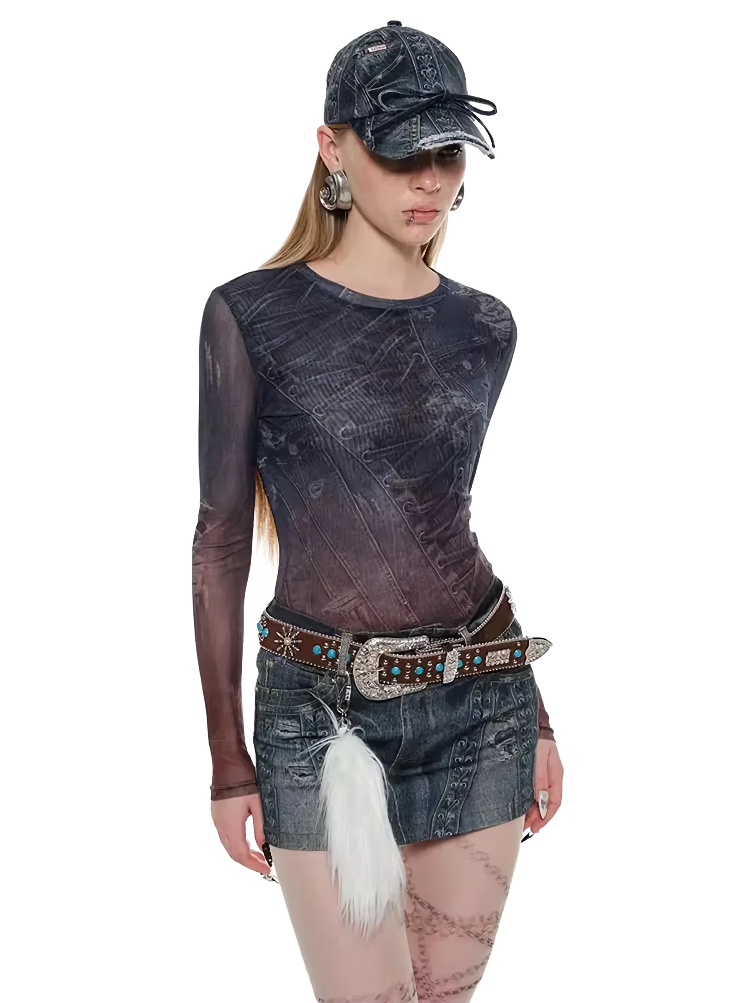 Denim-Print Sheer Mesh Long Sleeve Tee - Image 4