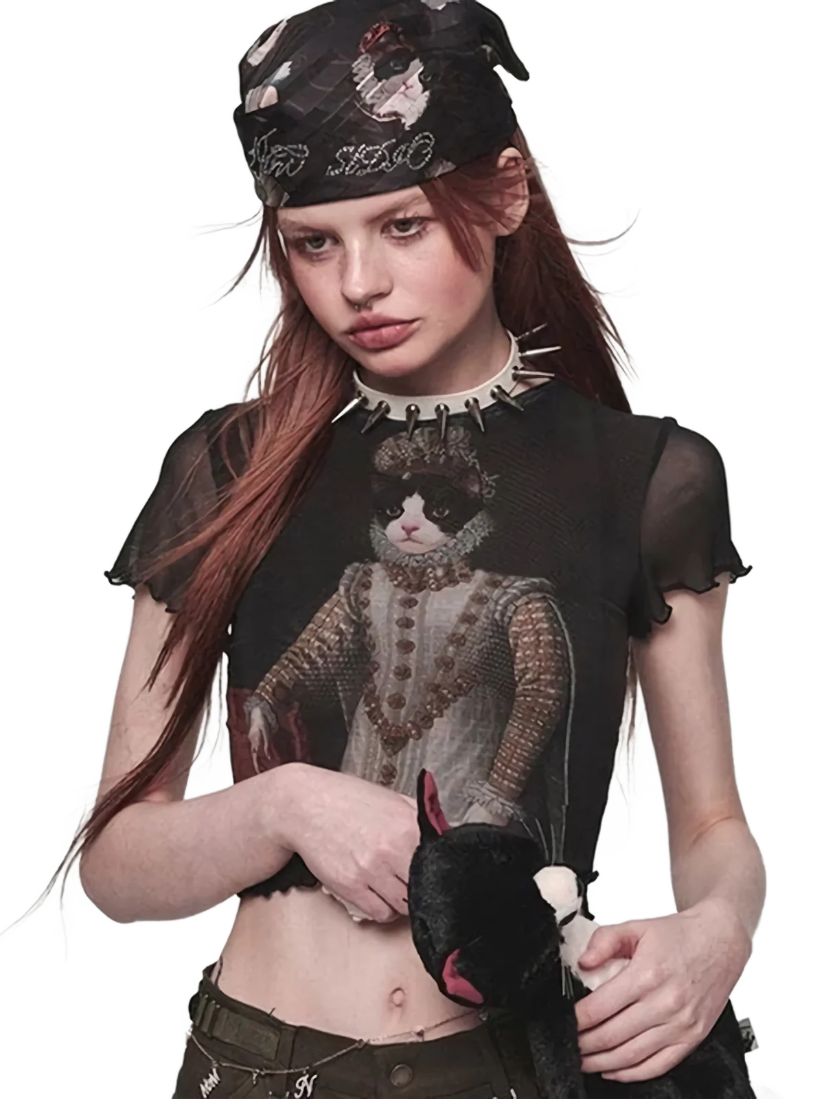 'Distinguished' Feline Graphic Mesh Crop Top