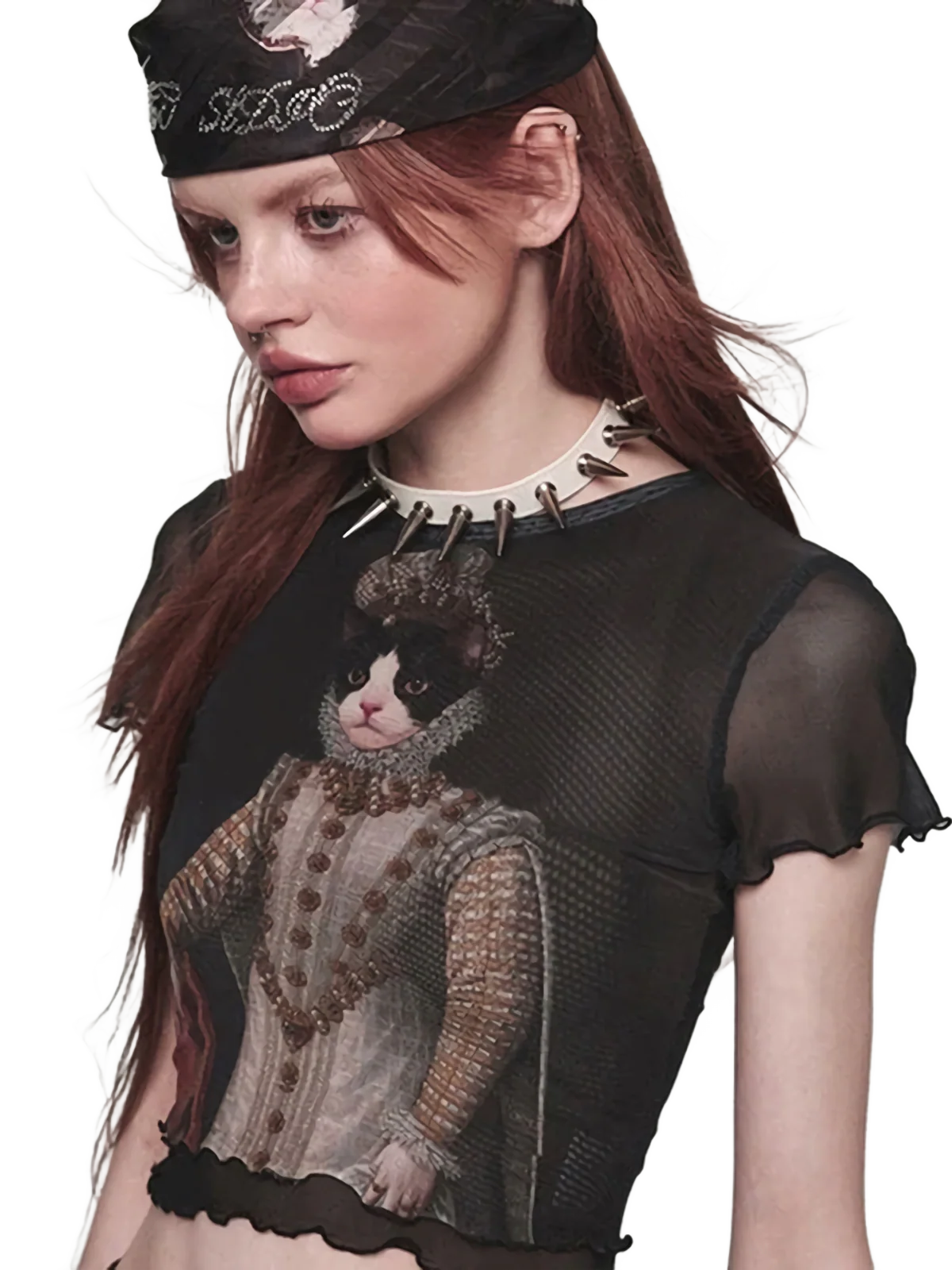 'Distinguished' Feline Graphic Mesh Crop Top - Image 2
