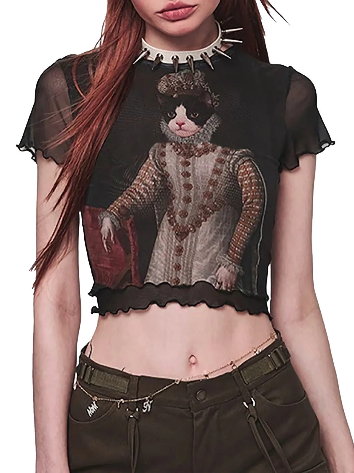 'Distinguished' Feline Graphic Mesh Crop Top - Image 3