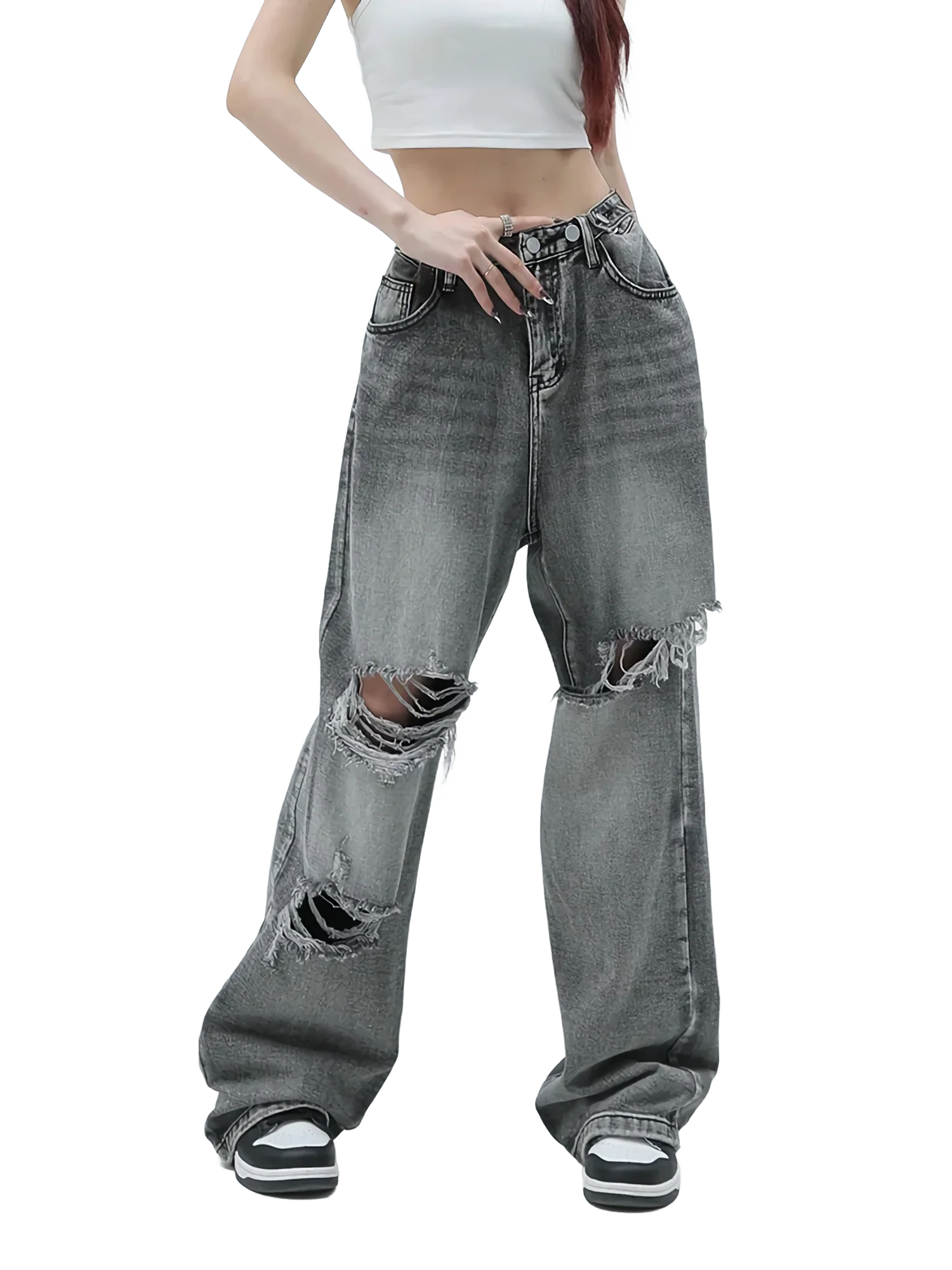 Distressed Gray Wash Baggy Denim Jeans
